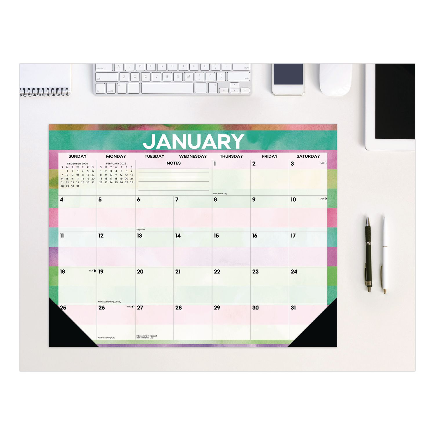 Watercolor Stripes Large Monthly Desk Pad Calendar, 22x17, Multicolor Sheets, Black Headband/Corners, 12-Month (Jan-Dec) 2026