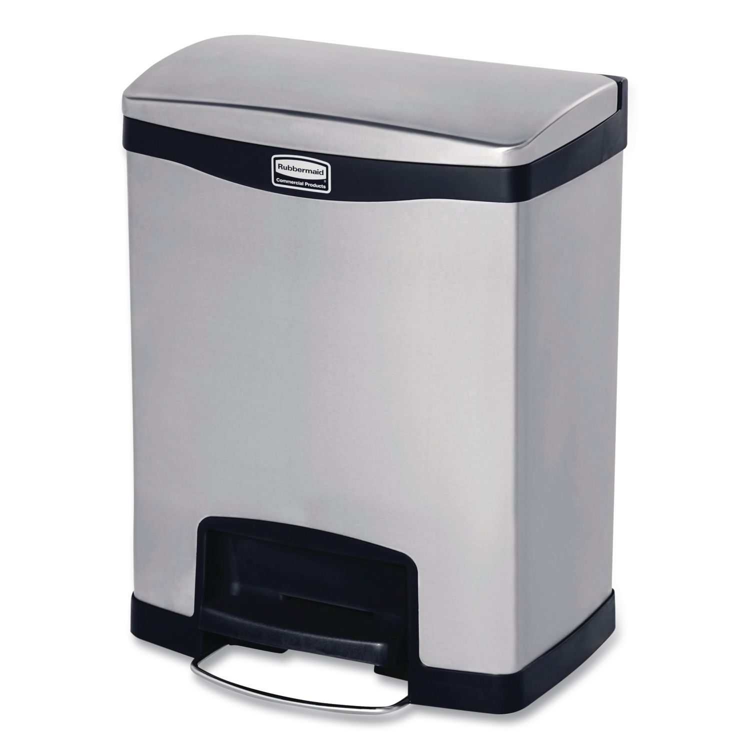 Slim Jim Stainless Steel Step-On Container, Front Step Style, 8 gal, Stainless Steel, Black