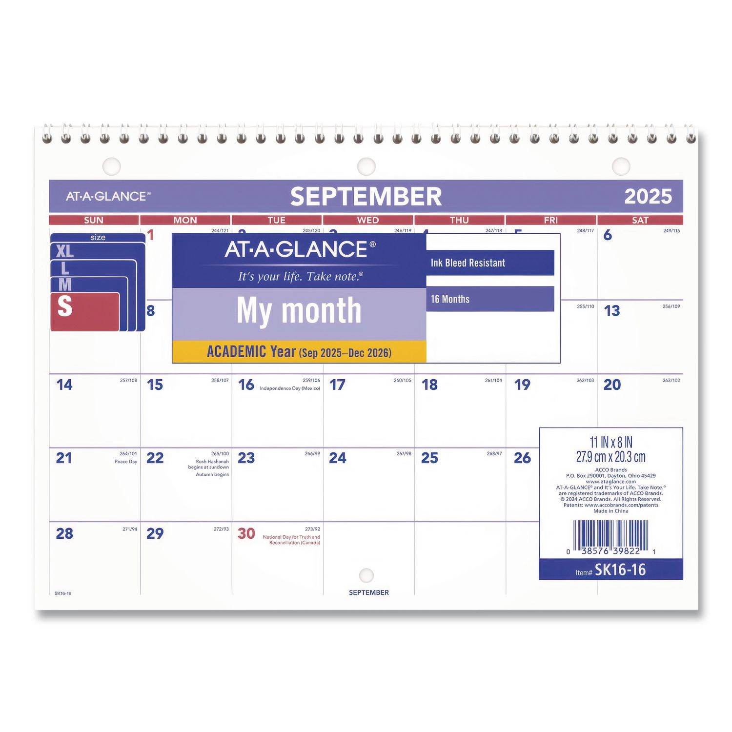 Academic Monthly Wall Calendar, 11 x 8, White/Purple/Red Sheets, 16-Month (Sept to Dec): 2025 to 2026