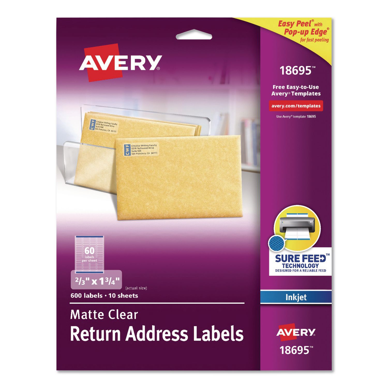 Easy Peel Return Address Labels with Sure Feed Technology, Inkjet, 0.66 x 1.75, Matte Clear, 60/Sheet, 10 Sheets/Pack
