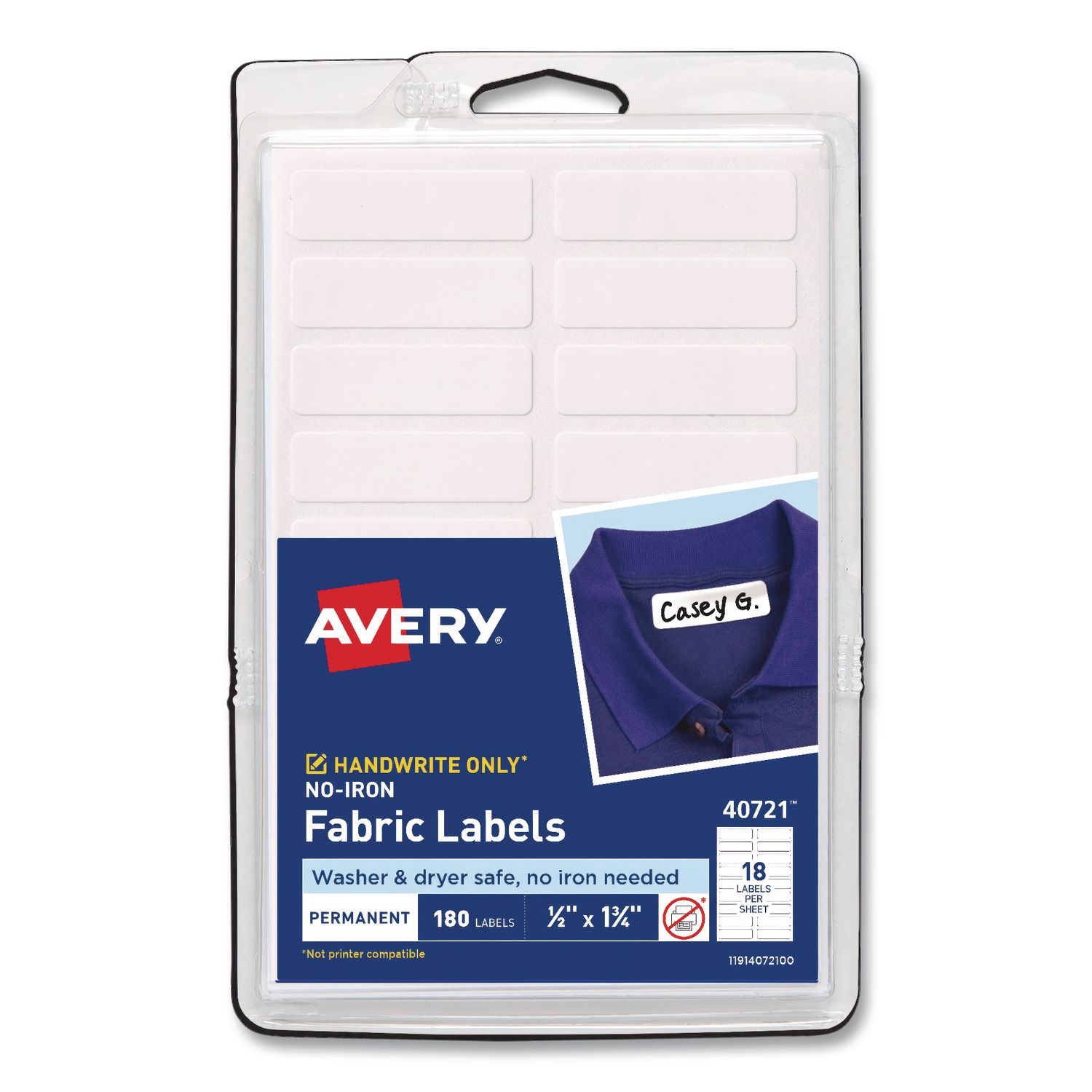 No-Iron Fabric Labels, Handwrite Only, 0.5 x 1.75, White, 18/Sheet, 10 Sheets/Pack