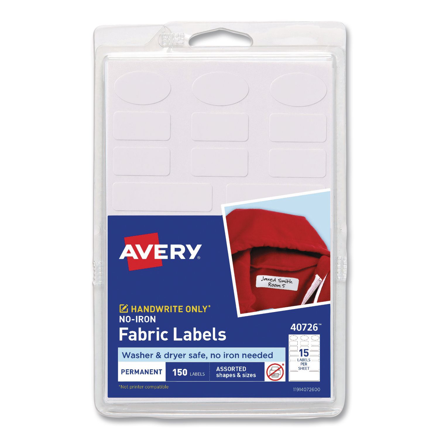 No-Iron Fabric Labels, Handwrite Only, Assorted Shapes and Sizes, White, 15/Sheet, 10 Sheets/Pack