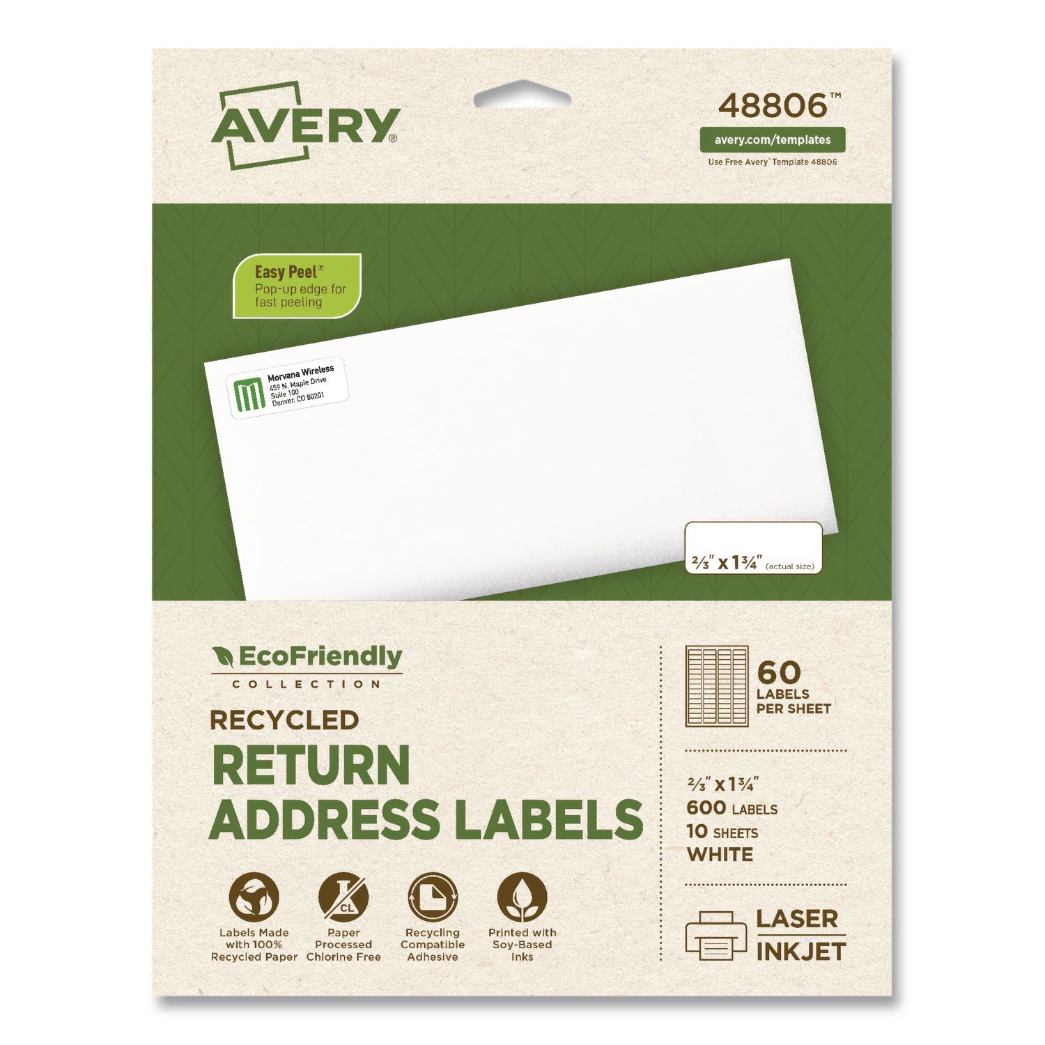 EcoFriendly Recycled Return Address Labels, Inkjet/Laser, 0.66 x 1.75, White, 60/Sheet, 10 Sheets/Pack