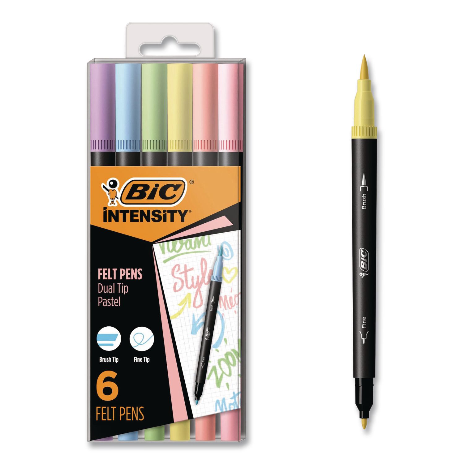 Intensity Fineliner Dual Tip Felt Pen, Stick, Fine 0.7 mm Bullet, Variable Brush, Assorted Pastel Ink/Barrel Colors, 6/Pack