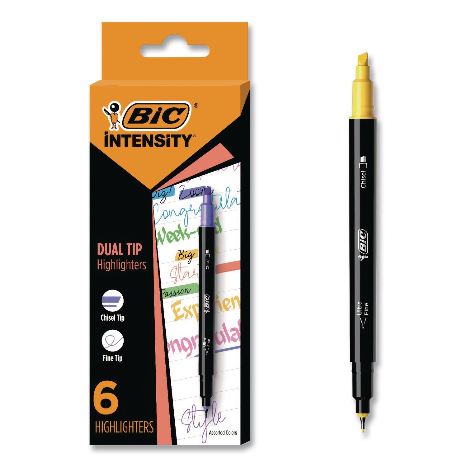 Intensity Dual-Tip Highlighters, Assorted Ink Colors, Chisel/Needle Tips, Black Barrel, 6/Pack