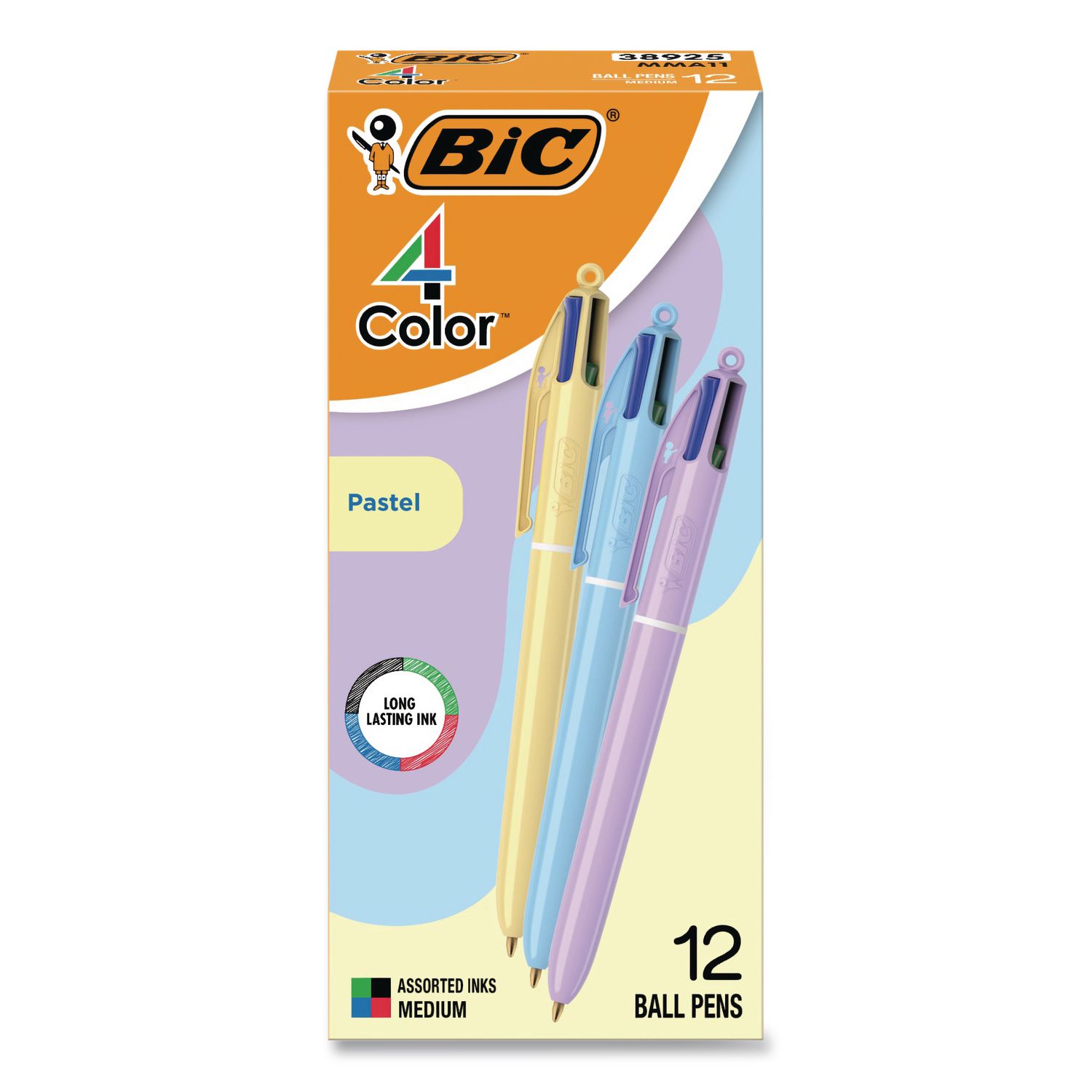 4-Color Multi-Color Ballpoint Pen, Retractable, Medium 1 mm, Black/Blue/Green/Red Ink, Assorted Pastel Barrel Colors, 12/Box