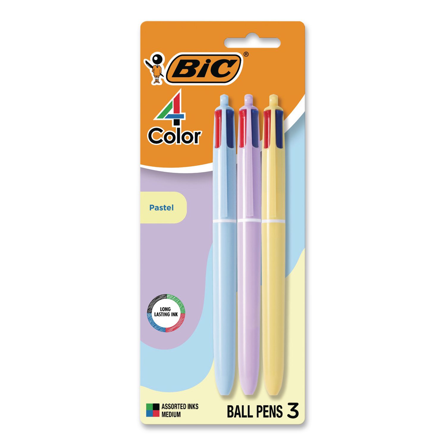 4-Color Multi-Color Ballpoint Pen, Retractable, Medium 1 mm, Black/Blue/Green/Red Ink, Assorted Pastel Barrel Colors, 3/Pack