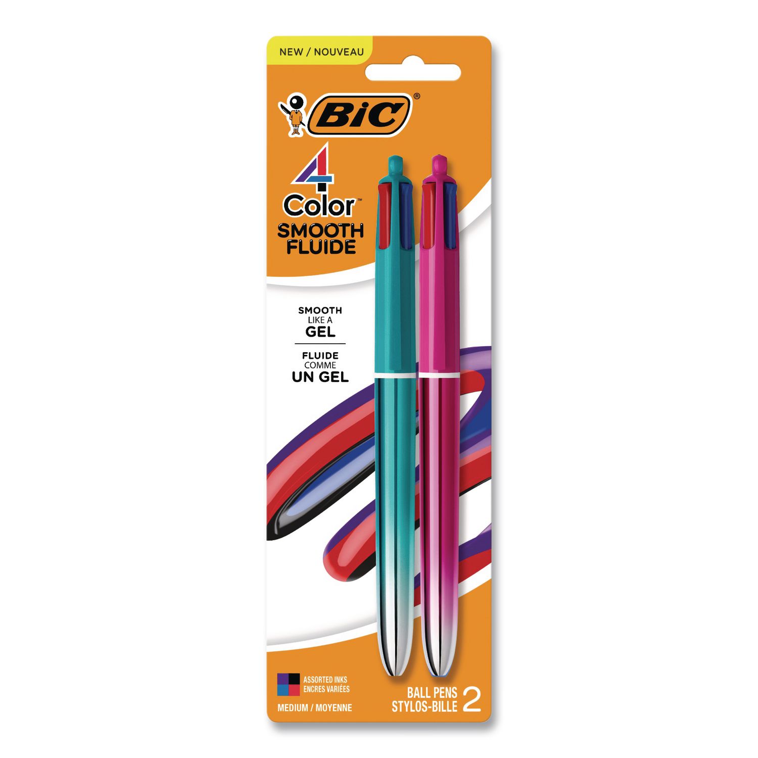 4-Color Smooth Multi-Color Ballpoint Pen, Retractable, Medium 1 mm, Black/Blue/Purple/Red Ink, Assorted Barrel Colors, 2/Pack