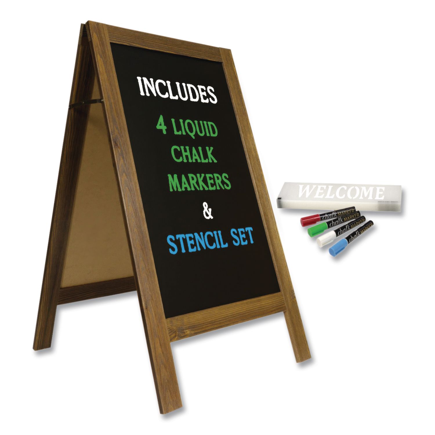 Indoor/Outdoor A-Frame Sidewalk Sign, Black 18 x 29 Surface, Brown Frame, 22 x 25 x 40