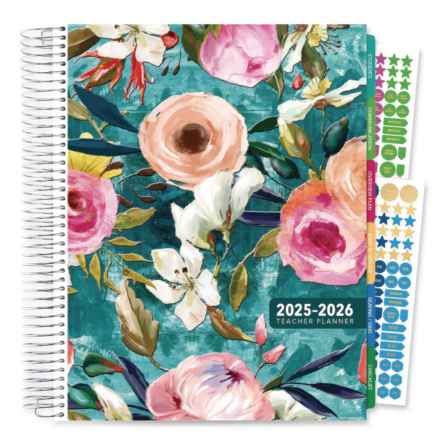 Deluxe Teal Floral Weekly/Monthly Lesson Planner, 7 Classes, Multicolor Cover, 11 x 8.5, 13-Month: Aug 2025 to Aug 2026