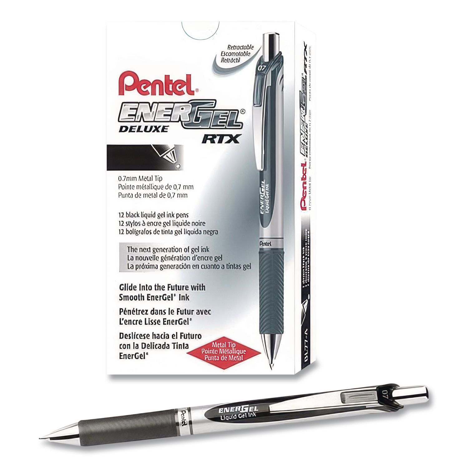 EnerGel RTX Deluxe Gel Pen, Retractable, Medium 0.7 mm, Black Ink, Silver/Black Barrel, Dozen