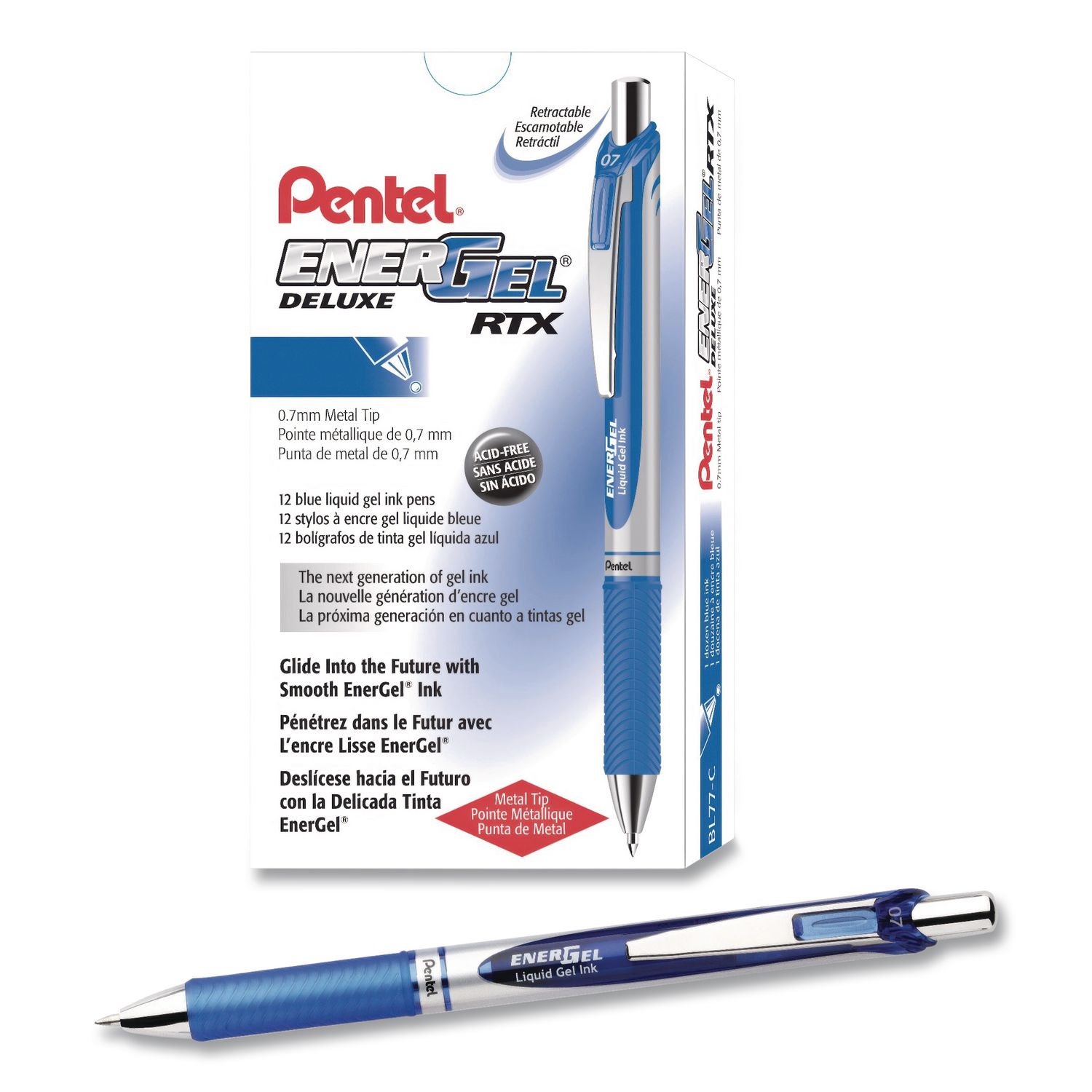 EnerGel RTX Deluxe Gel Pen, Retractable, Medium 0.7 mm, Blue Ink, Silver/Blue Barrel, Dozen