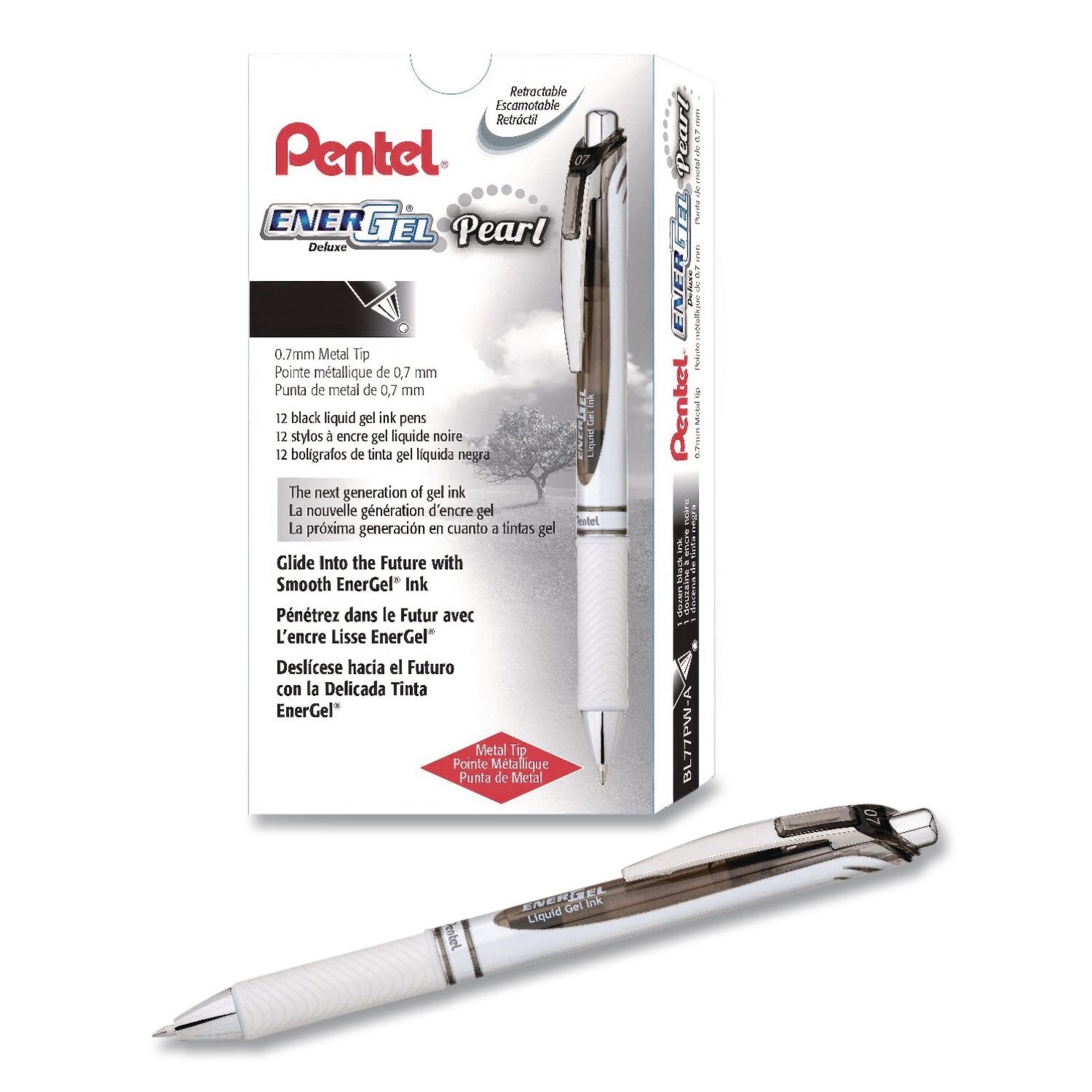 EnerGel Pearl Deluxe RTX Gel Pen, Retractable, Medium 0.7 mm, Black Ink, Pearl White/Smoke Barrel, Dozen