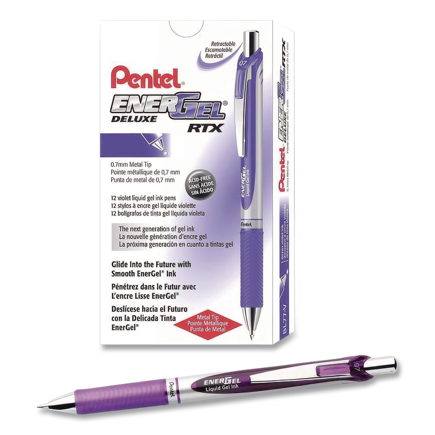 EnerGel RTX Deluxe Gel Pen, Retractable, Medium 0.7 mm, Violet Ink, Silver/Violet Barrel, Dozen