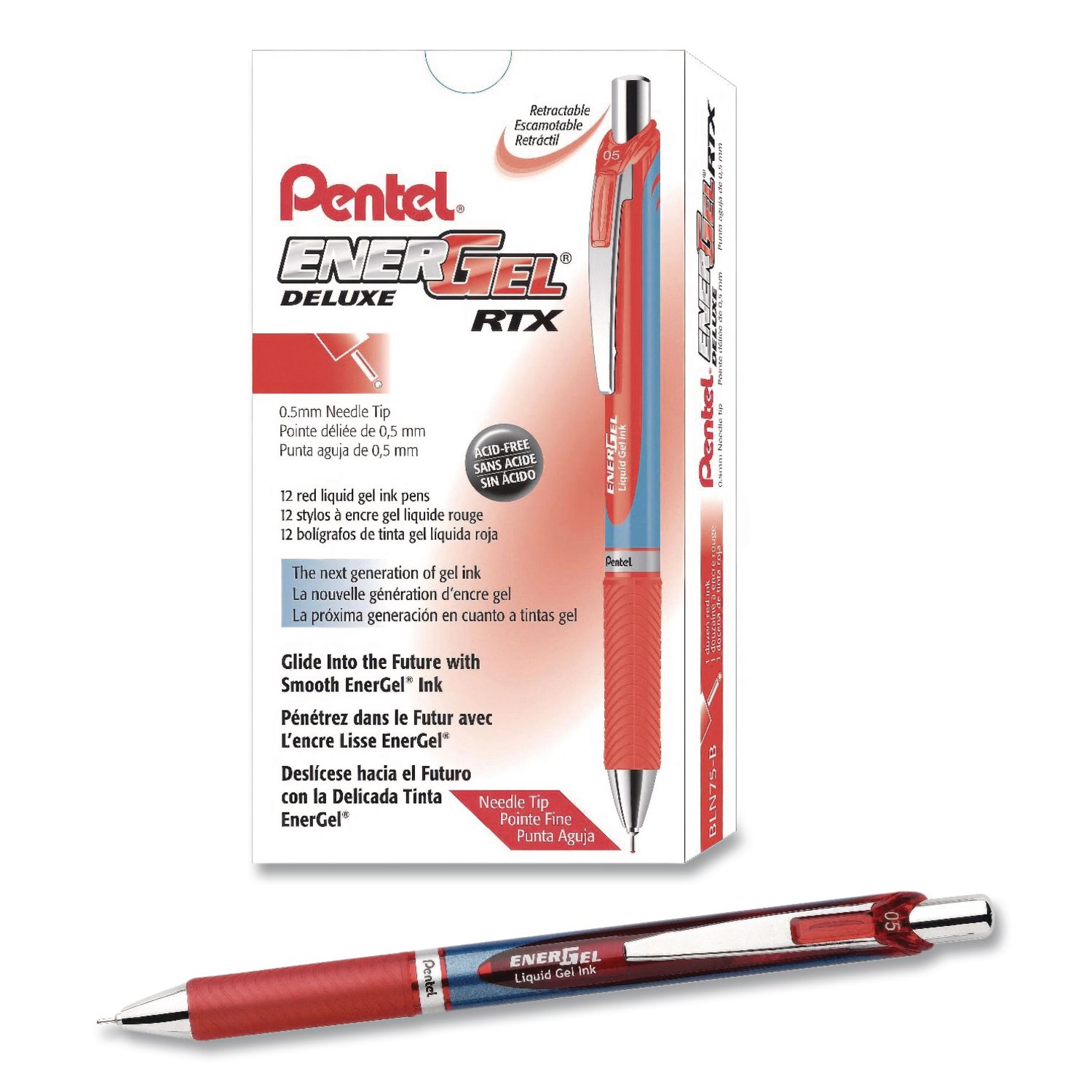 EnerGel RTX Deluxe Gel Pen, Retractable, Fine 0.5 mm, Red Ink, Red/Blue Barrel, Dozen