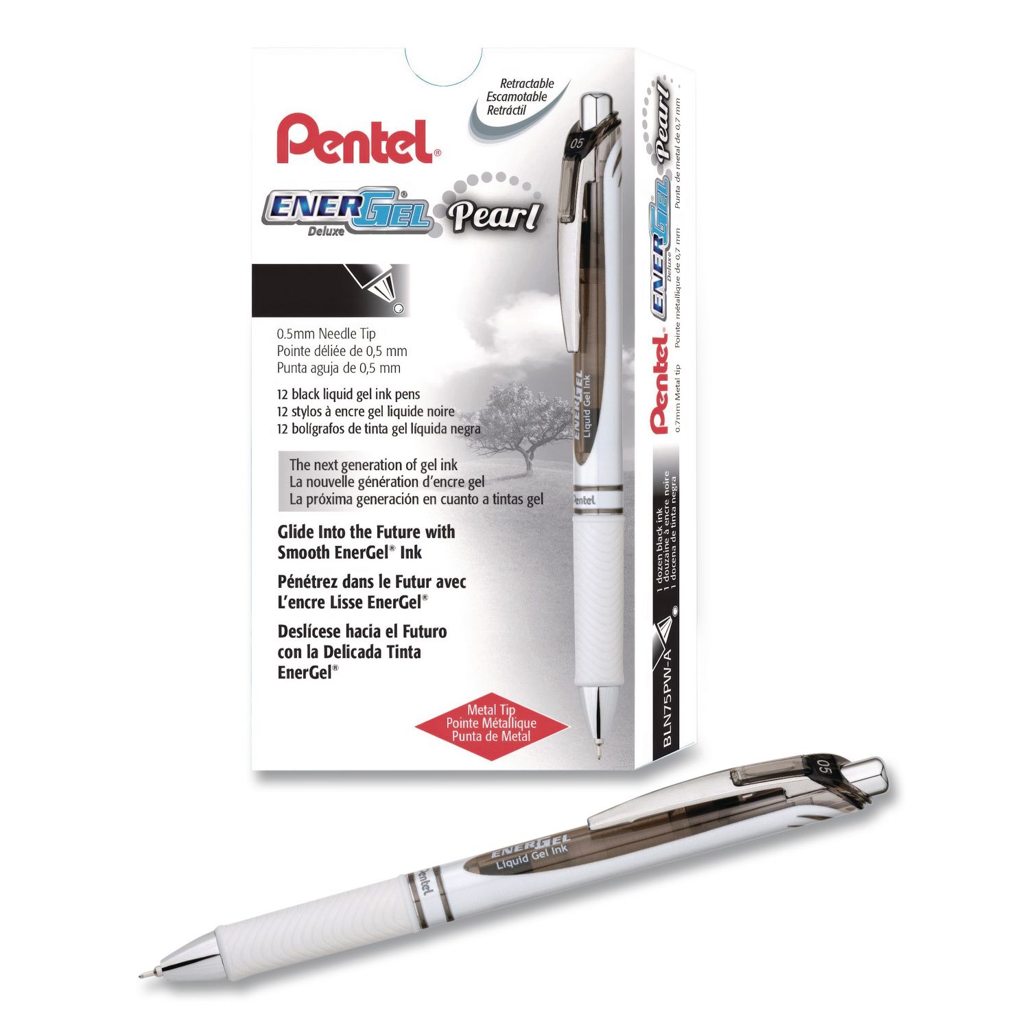 EnerGel Pearl Deluxe RTX Gel Pen, Retractable, Fine 0.5 mm, Black Ink, Pearl White/Black Barrel, Dozen