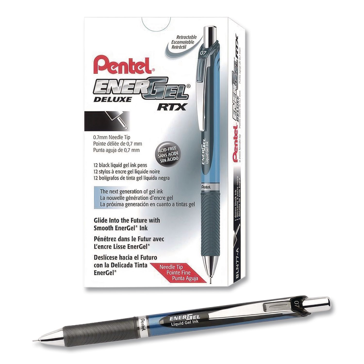 EnerGel RTX Deluxe Gel Pen, Retractable, Medium 0.7 mm, Black Ink, Black/Blue Barrel, Dozen