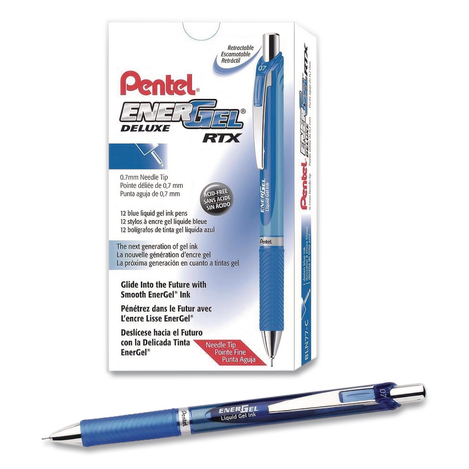 EnerGel RTX Deluxe Gel Pen, Retractable, Medium 0.7 mm, Blue Ink, Blue Barrel, Dozen