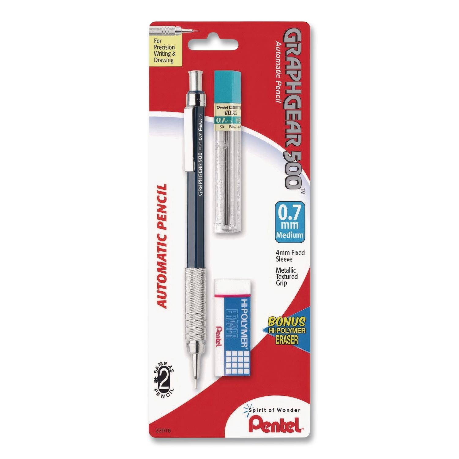 GraphGear 500 Mechanical Drafting Pencil, 0.7 mm, HB (#2), Black Lead, Black/Silver Barrel