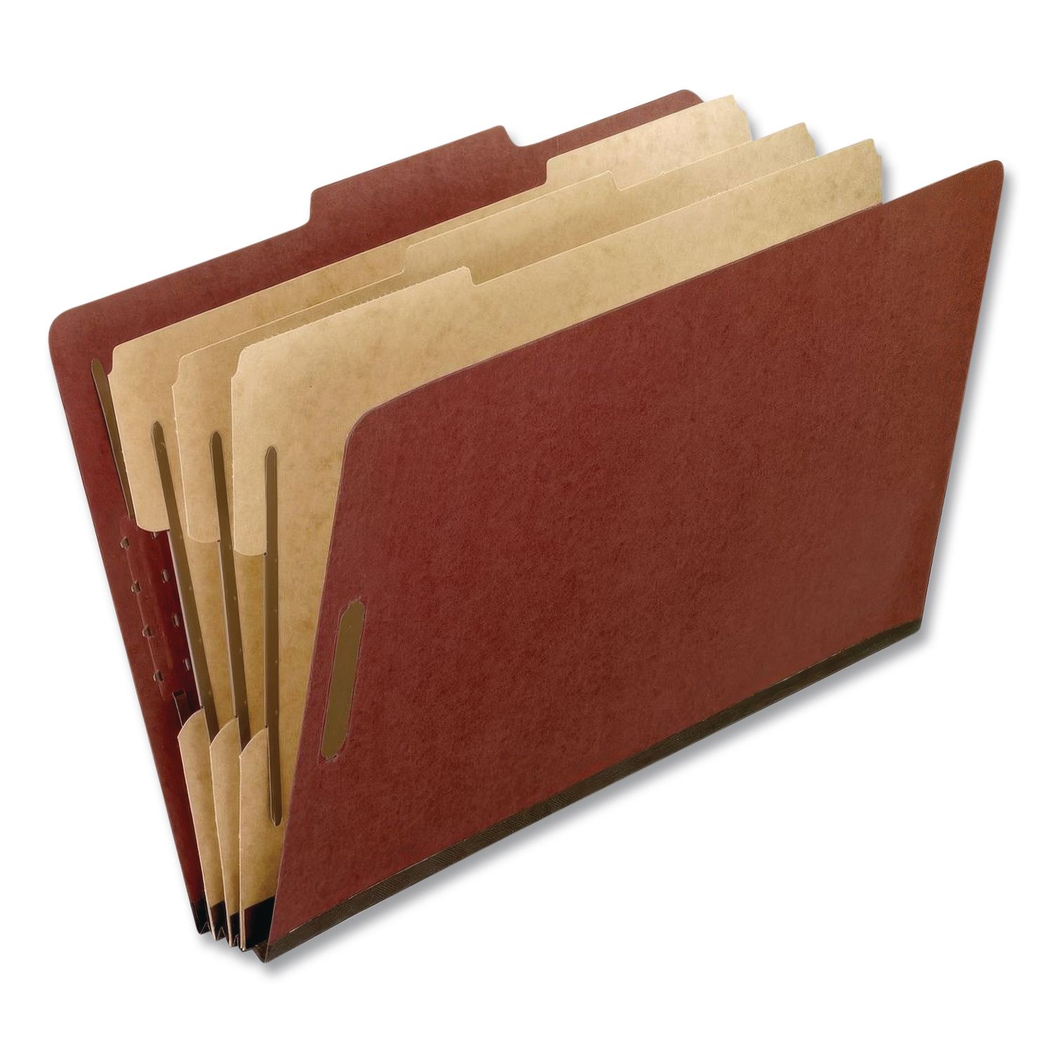 Heavy-Duty Pressboard Classification Folder, 2/5-Cut Tab, Expands 2", 3 Dividers, 8 Fasteners, Legal Size, Brick Red, 10/Box