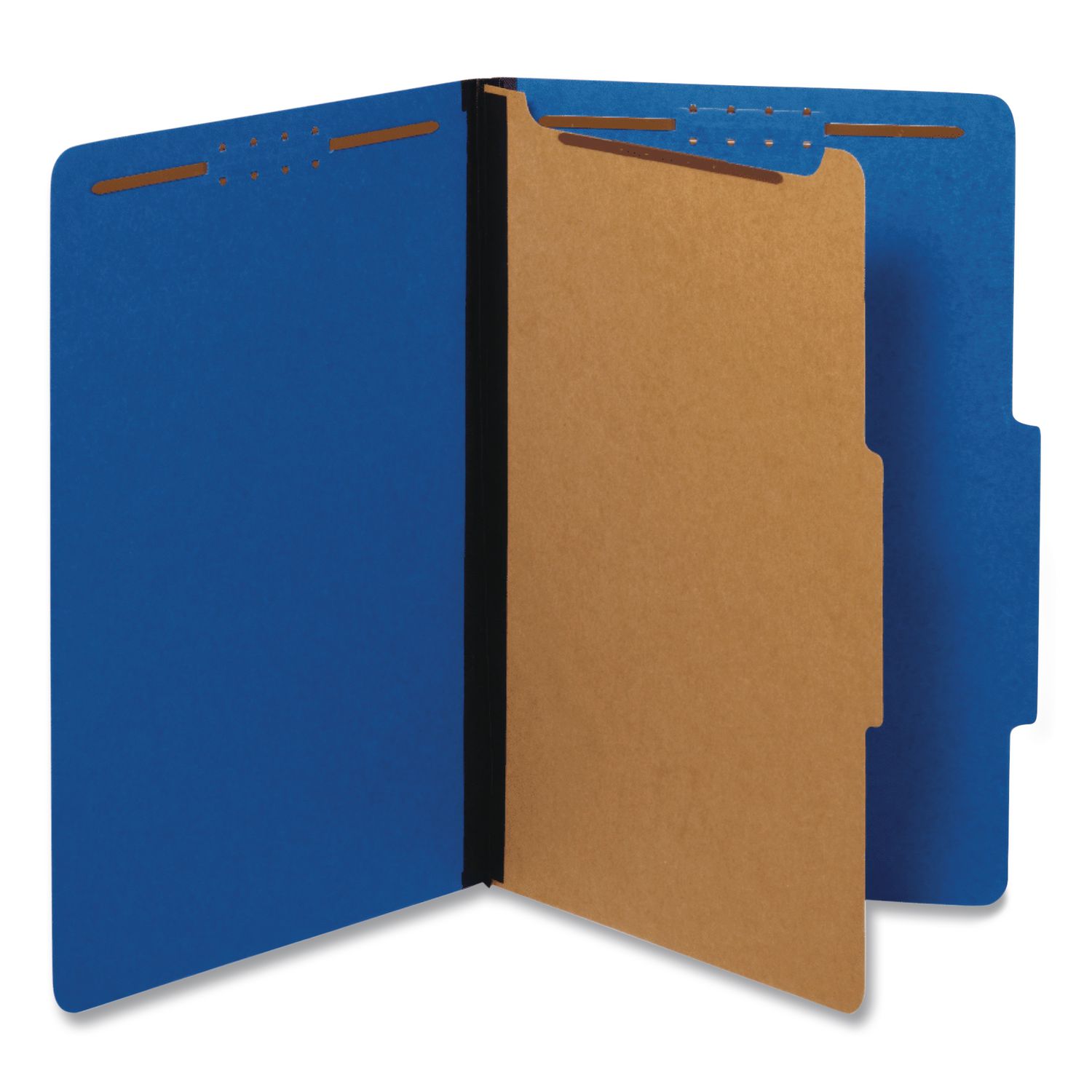 Heavy-Duty Pressboard Classification Folder, 2/5-Cut Tab, Expands 1.75", 1 Divider, 4 Fasteners, Legal Size, Dark Blue, 10/BX