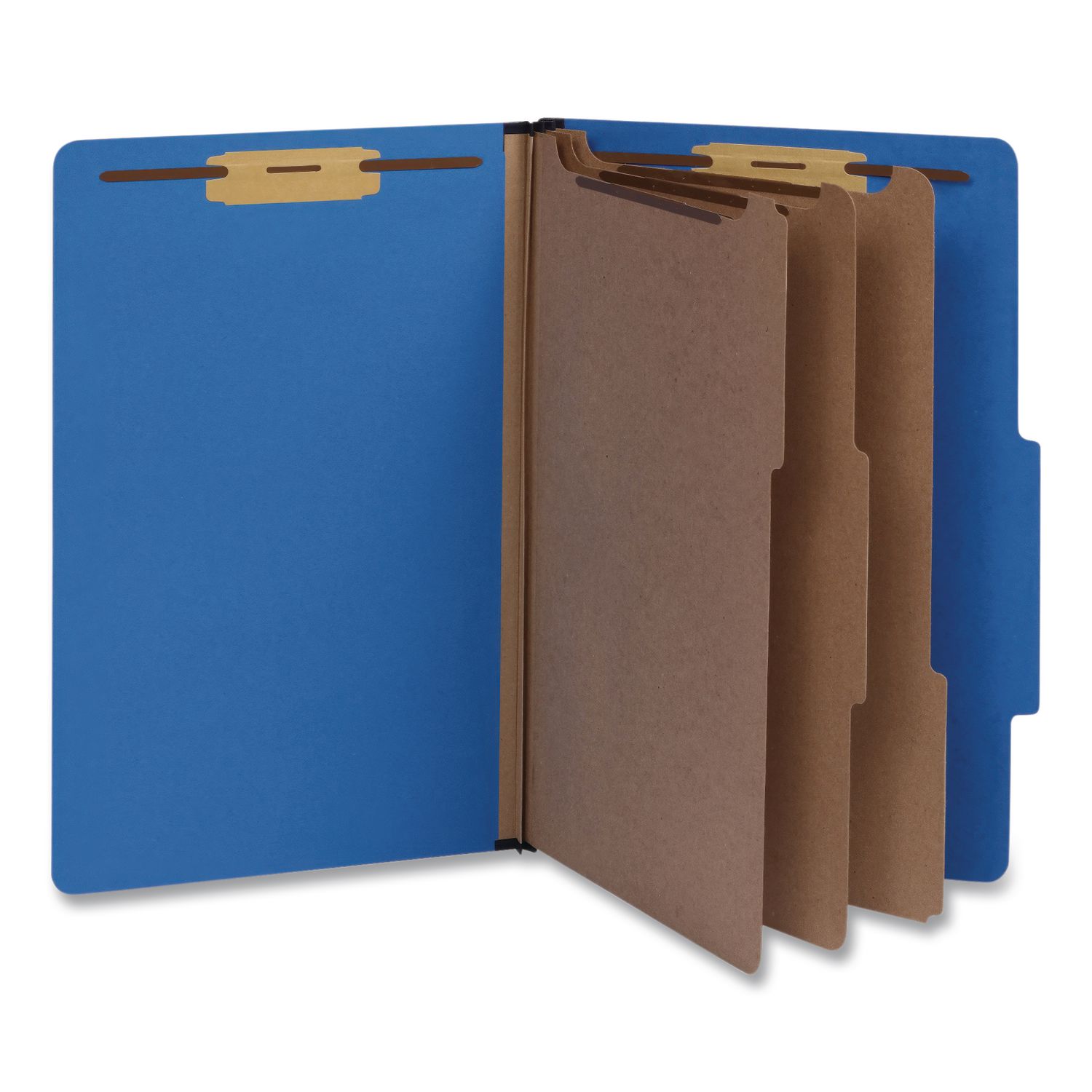 Heavy-Duty Pressboard Classification Folder, 2/5-Cut Tab: Right, Expands 3", 3 Dividers, 8 Fasteners, Legal Size, Blue, 10/BX