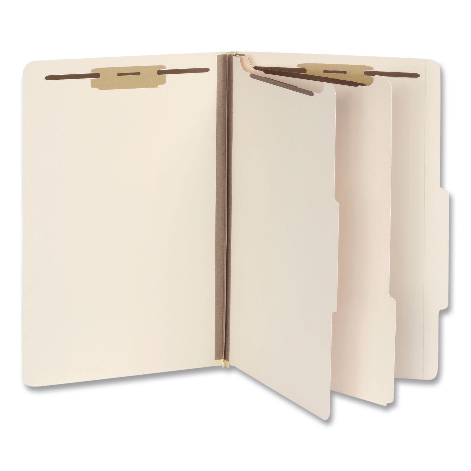 Heavy-Duty Pressboard Classification Folder, 2/5-Cut Tab, Expands 2", 2 Dividers, 6 Fasteners, Legal Size, Manila, 10/Box