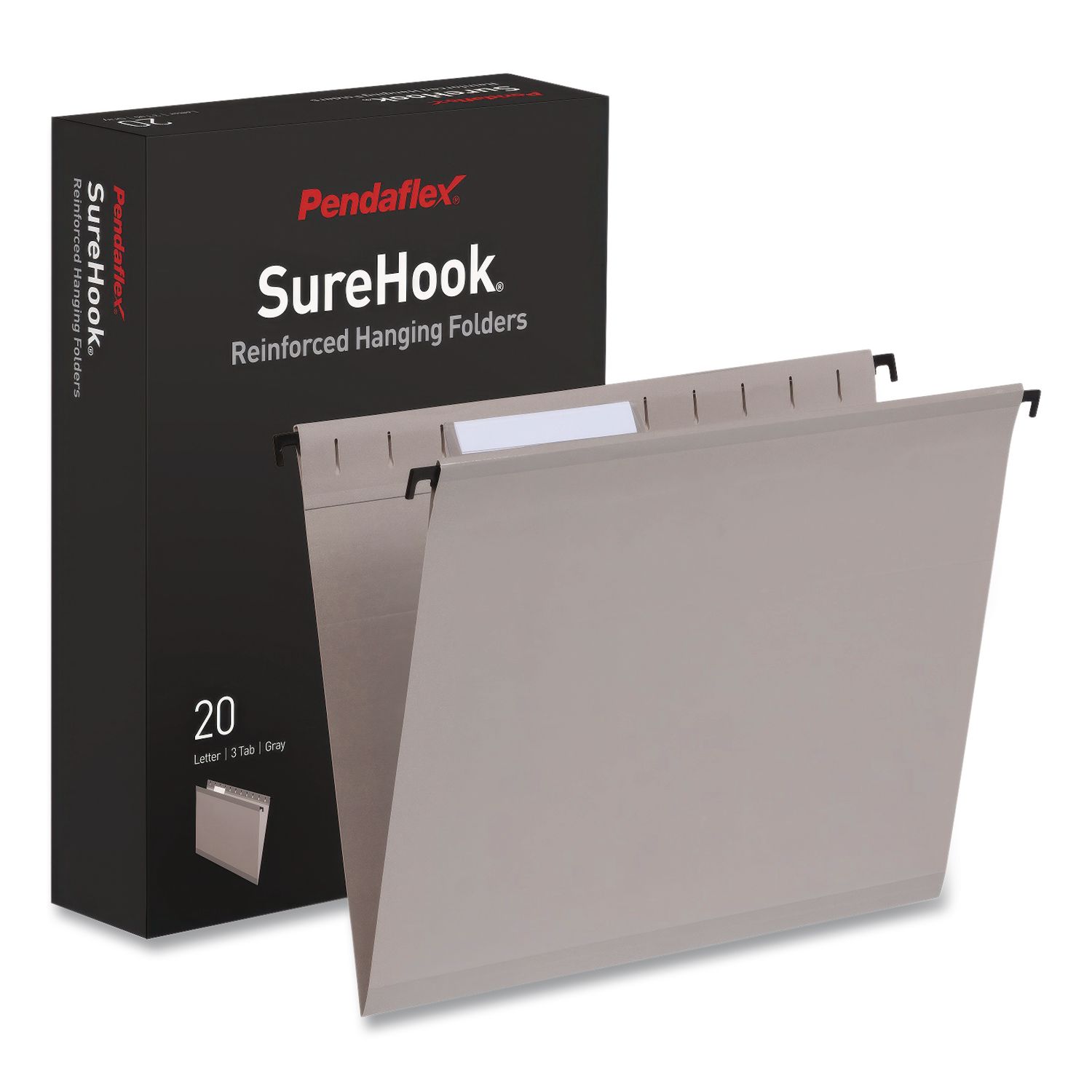 SureHook Hanging Folders, Letter Size, 1/3-Cut Tabs, Light Gray, 20/Box