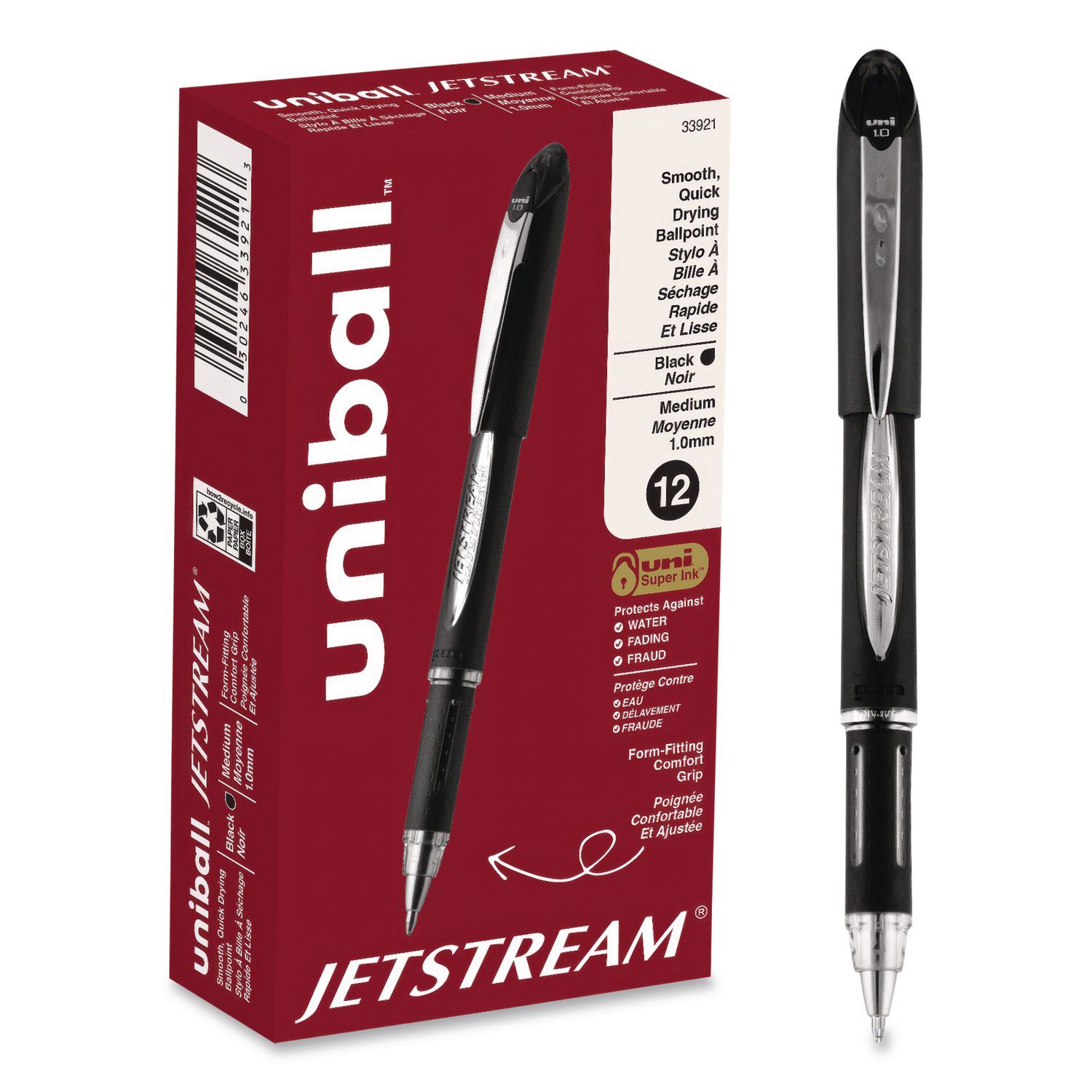 Jetstream Form-Fitting Comfort Grip Hybrid Gel Pen, Stick, Medium 1 mm, Black Ink, Black/Silver Barrel, Dozen