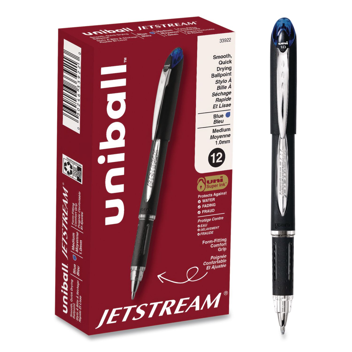Jetstream Form-Fitting Comfort Grip Hybrid Gel Pen, Stick, Medium 1 mm, Blue Ink, Black/Silver/Blue Barrel, Dozen
