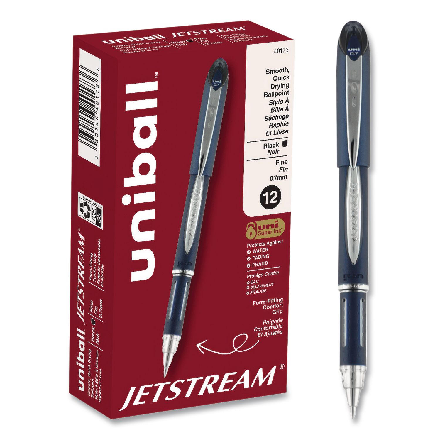 Jetstream Form-Fitting Comfort Grip Hybrid Gel Pen, Stick, Fine 0.7 mm, Black Ink, Black/Silver Barrel, Dozen