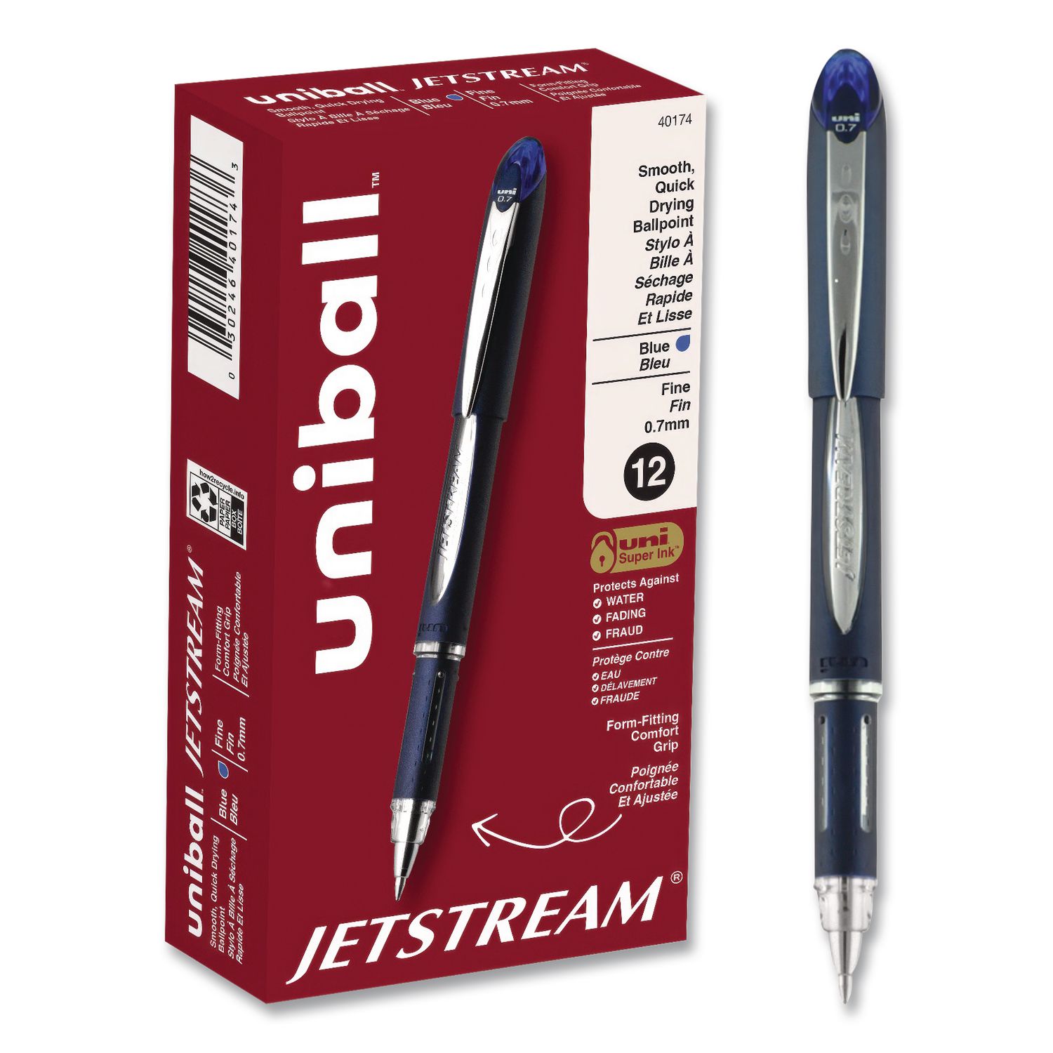 Jetstream Form-Fitting Comfort Grip Hybrid Gel Pen, Stick, Fine 0.7 mm, Blue Ink, Black/Silver/Blue Barrel, Dozen