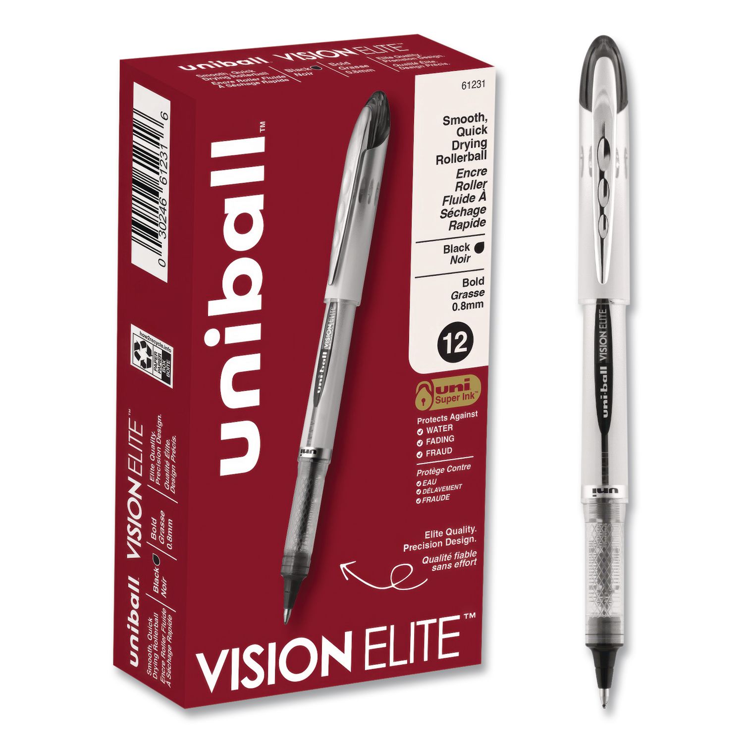VISION ELITE Rollerball Pen, Stick, Bold 0.8 mm, Black Ink, White/Black/Clear Barrel, Dozen