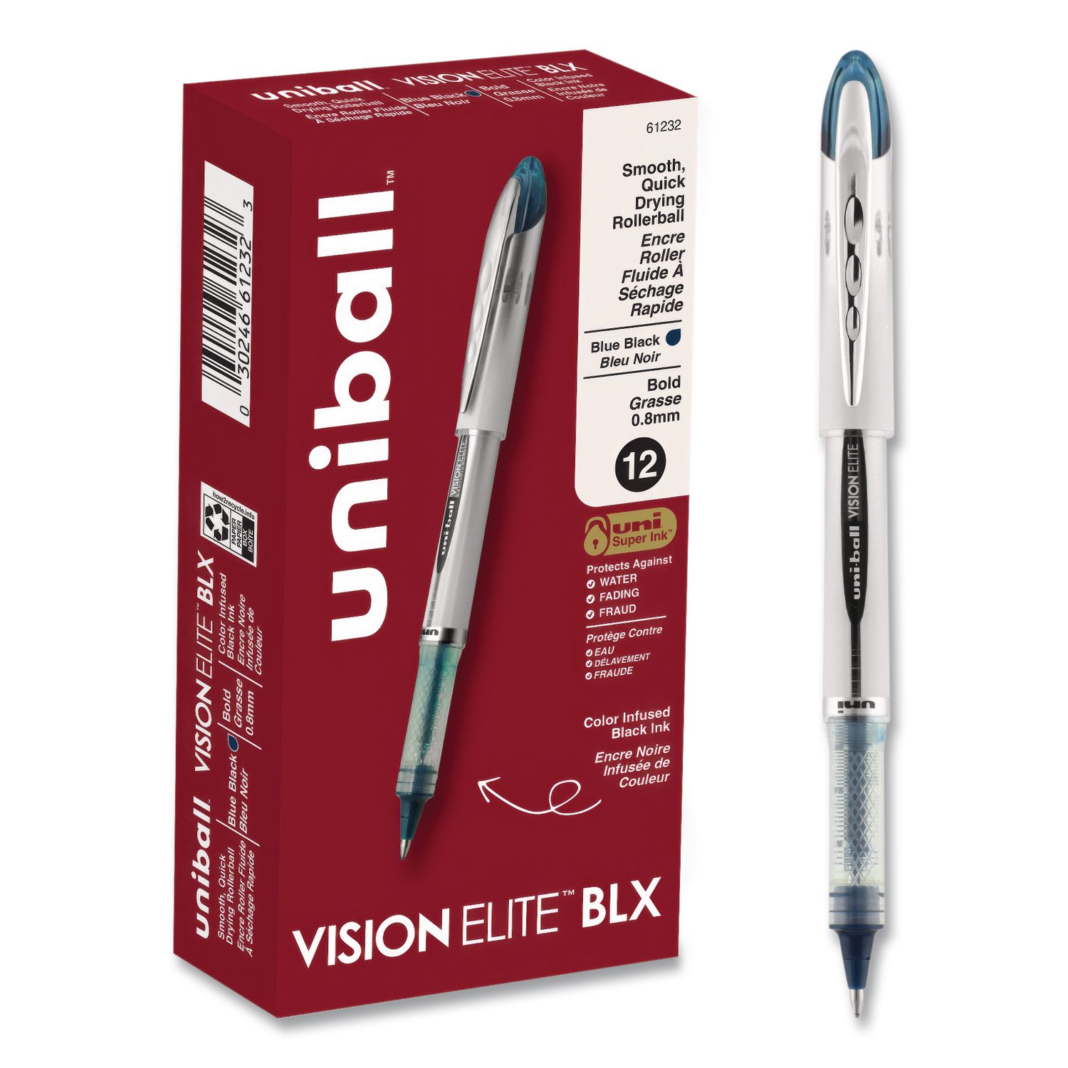 VISION ELITE BLX Series Rollerball Pen, Stick, Bold 0.8 mm, Blue-Infused Black Ink, White/Blue/Clear Barrel, Dozen