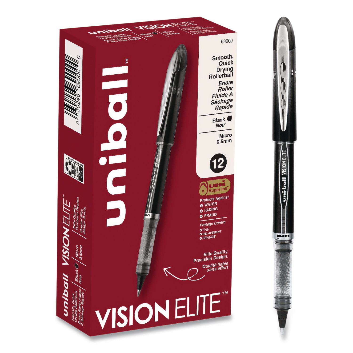 VISION ELITE Rollerball Pen, Stick, Micro 0.5 mm, Black Ink, Black/Clear Barrel, Dozen