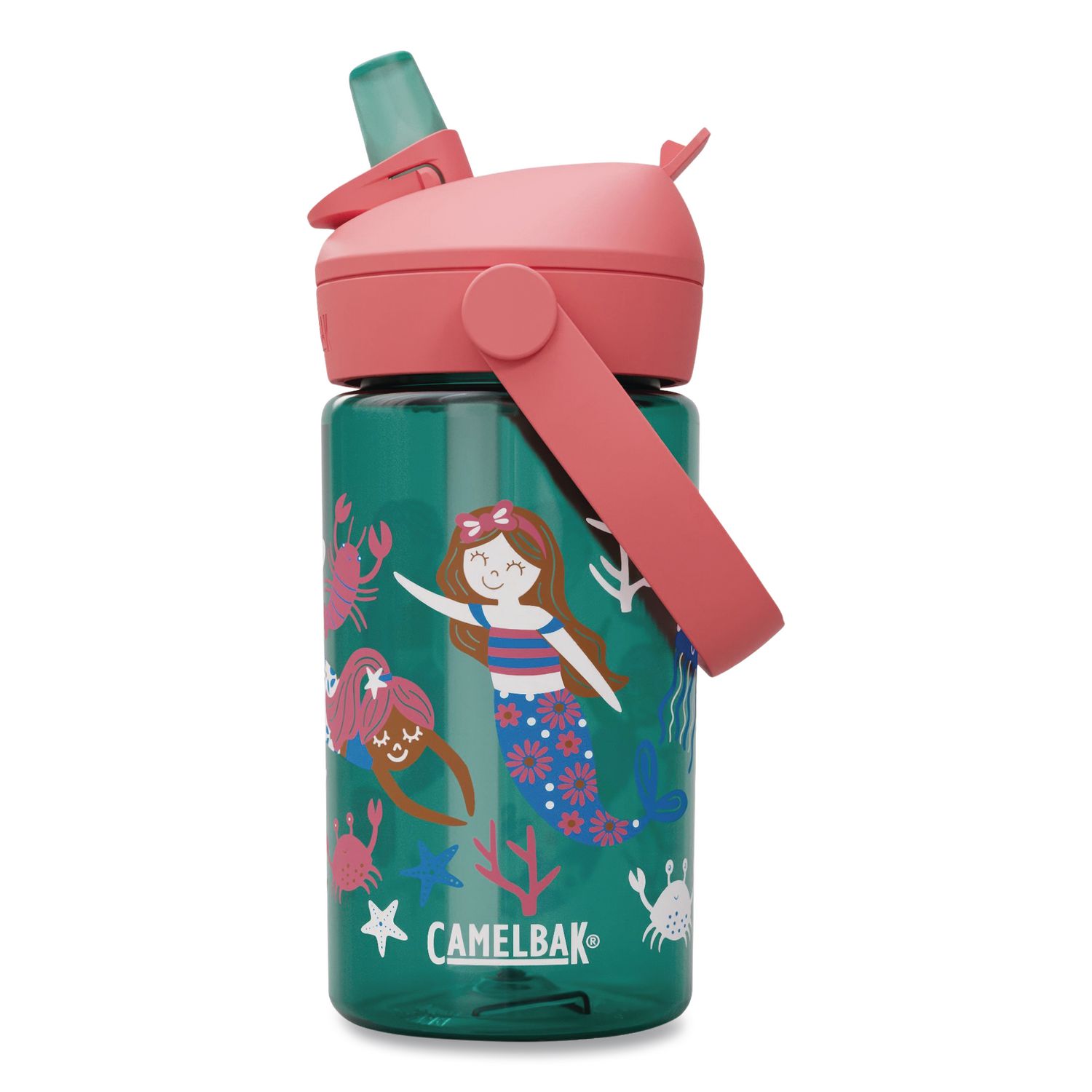 Thrive FlipStraw Plastic Water Bottle, 14 oz, Mermaid Friends Design, Green/Coral