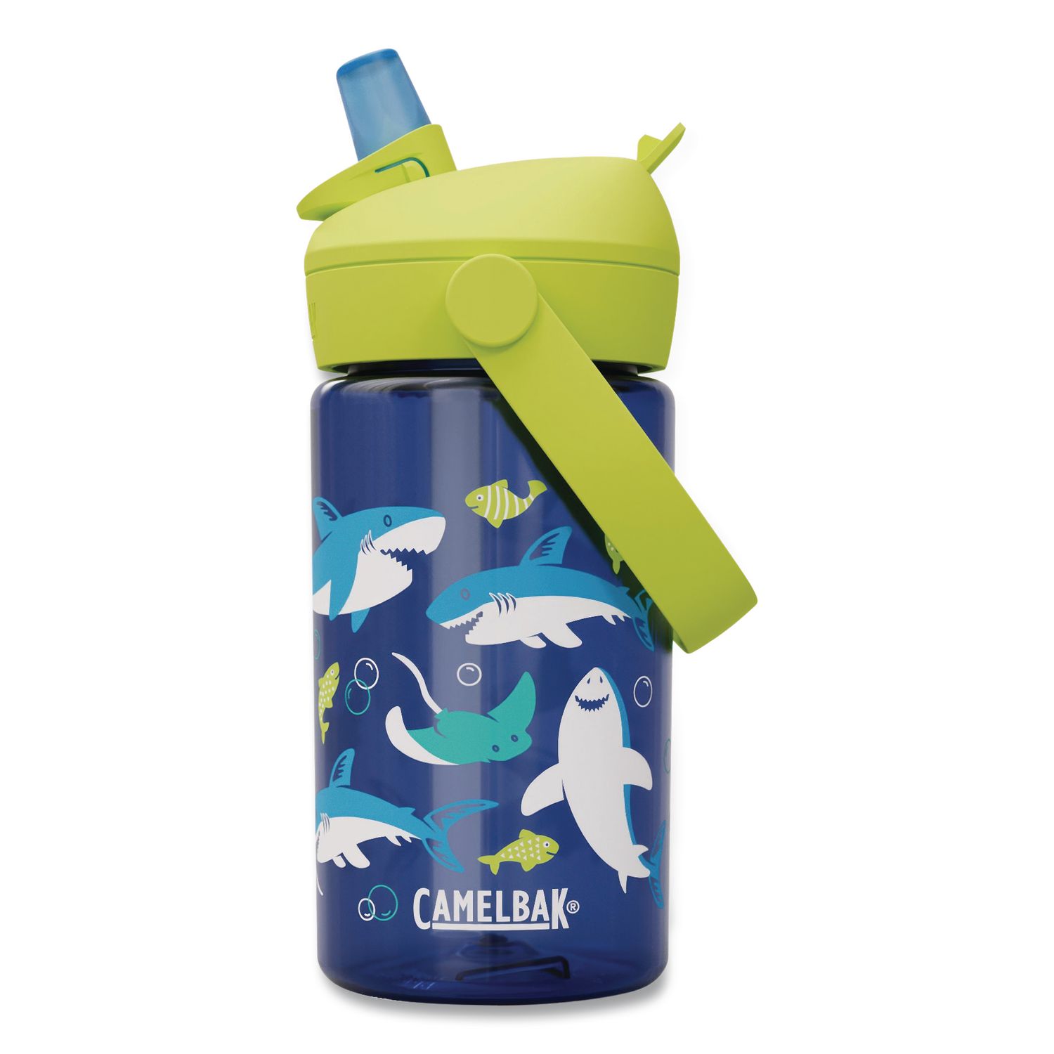 Thrive FlipStraw Plastic Water Bottle, 14 oz, Sharks and Rays Design, Blue/Yellow