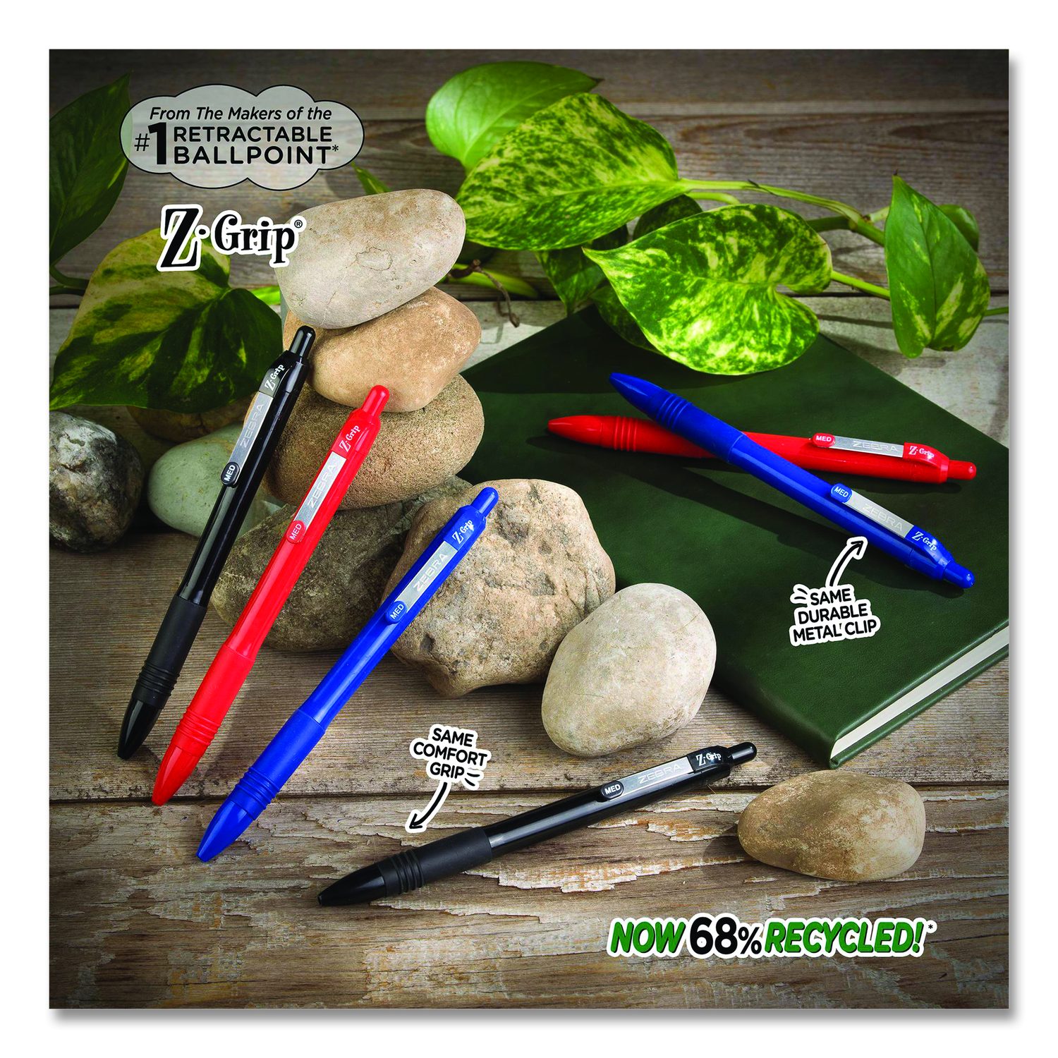 Zebra® Z-Grip Recycled Retractable Ballpoint Pen, Medium 1 mm, Black ...
