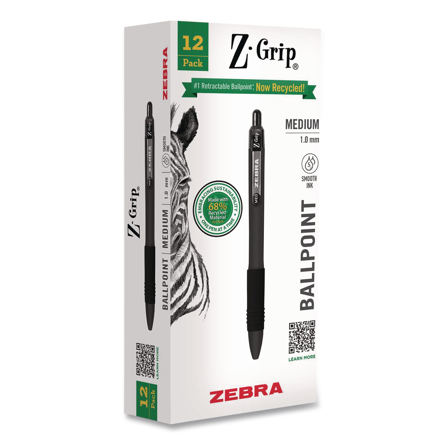 Z-Grip Recycled Retractable Ballpoint Pen, Medium 1 mm, Black Ink, Black Barrel, Dozen