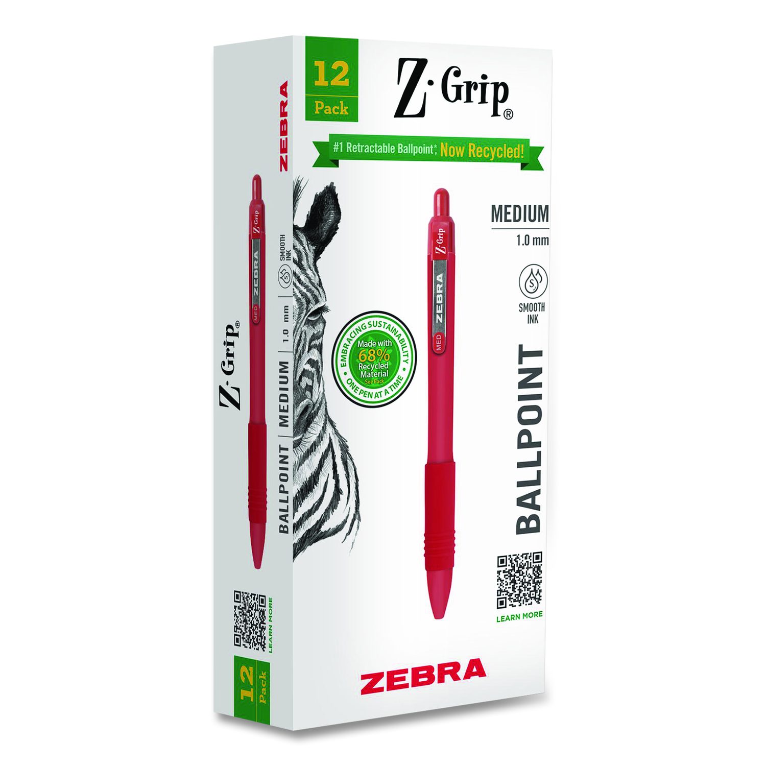 Z-Grip Recycled Retractable Ballpoint Pen, Medium 1 mm, Red Ink, Red Barrel, Dozen