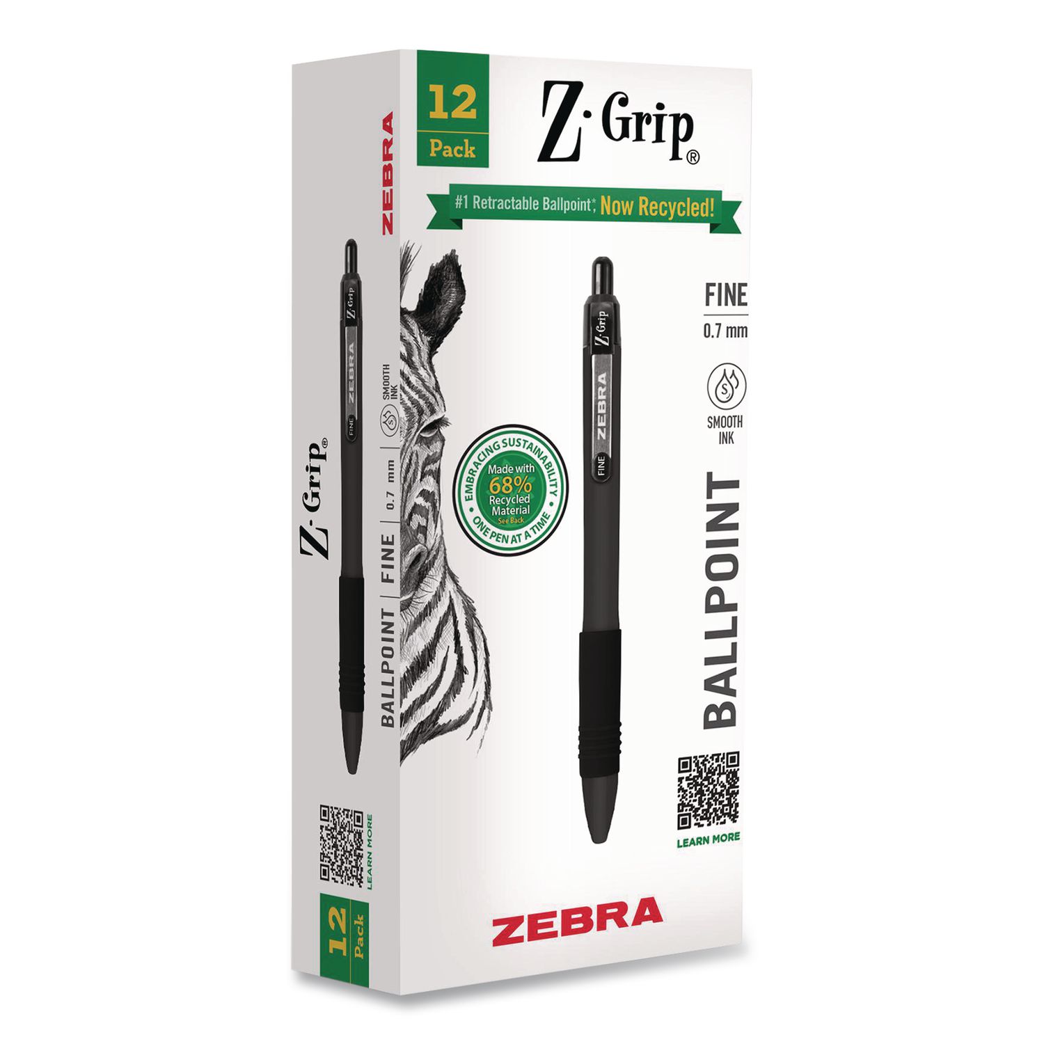 Z-Grip Recycled Retractable Ballpoint Pen, Medium 0.7 mm, Black Ink, Black Barrel, Dozen