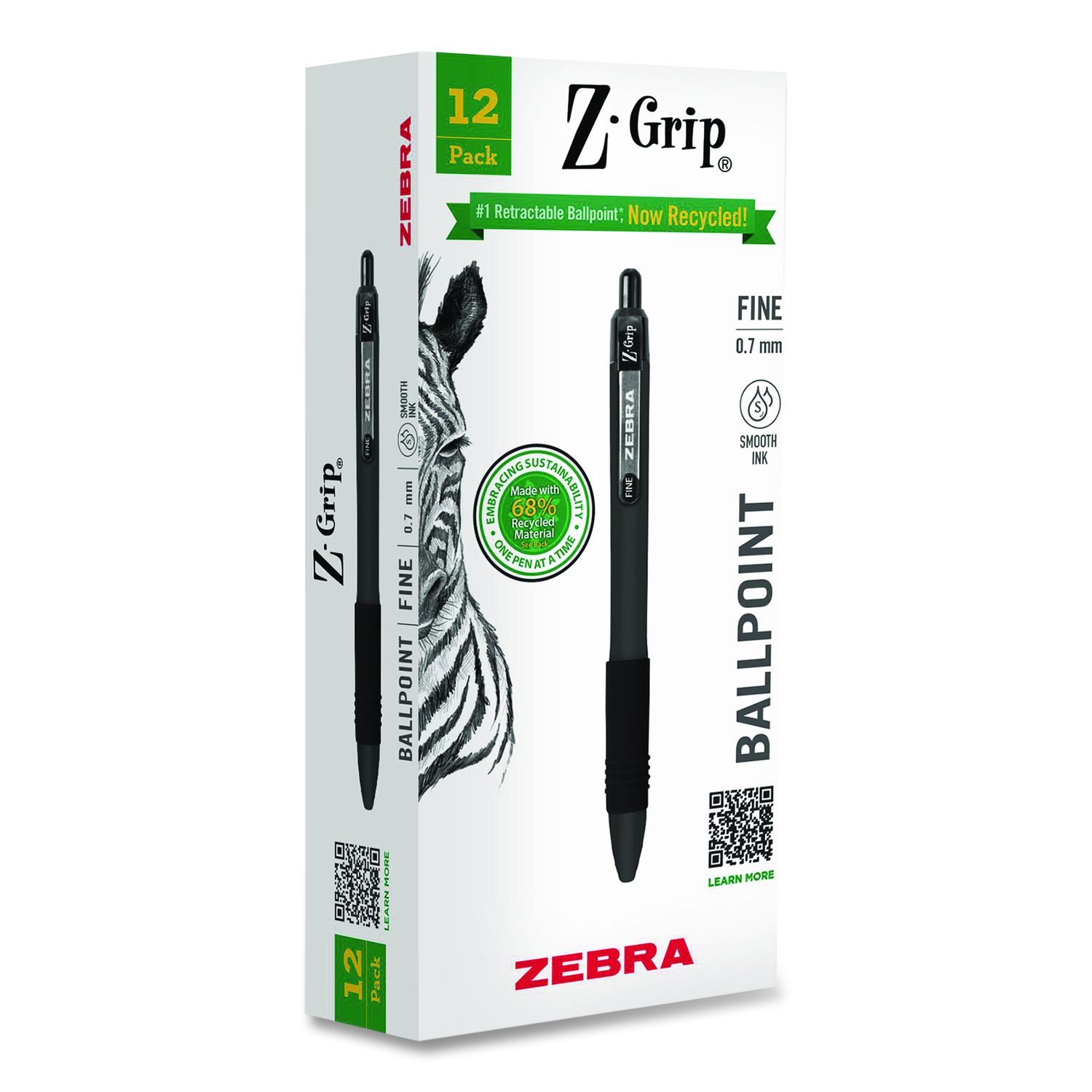 Zebra® Z-Grip Recycled Retractable Ballpoint Pen, Medium 0.7 mm, Black ...