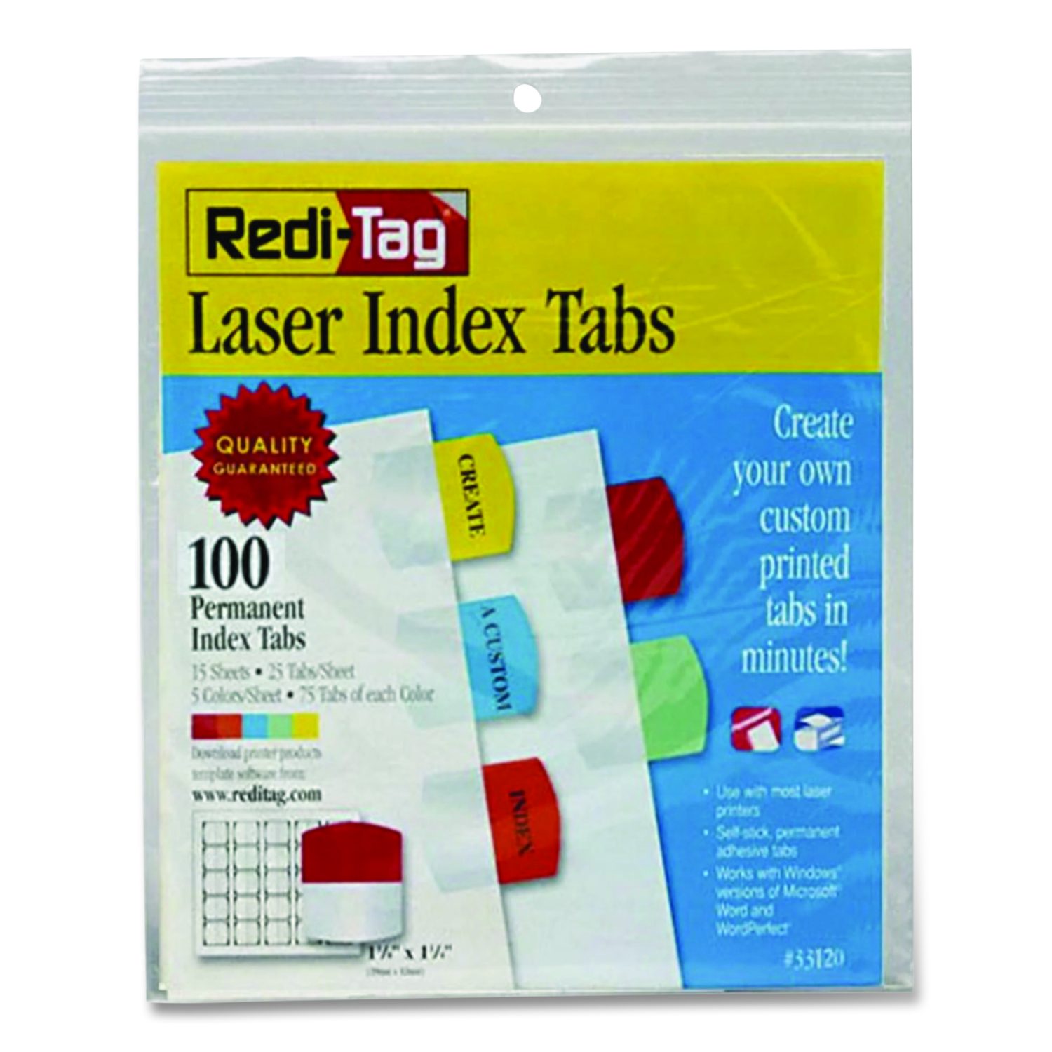 Laser Printable Index Tabs, 1/5-Cut, Assorted Colors, 1.13" Wide, 100/Pack