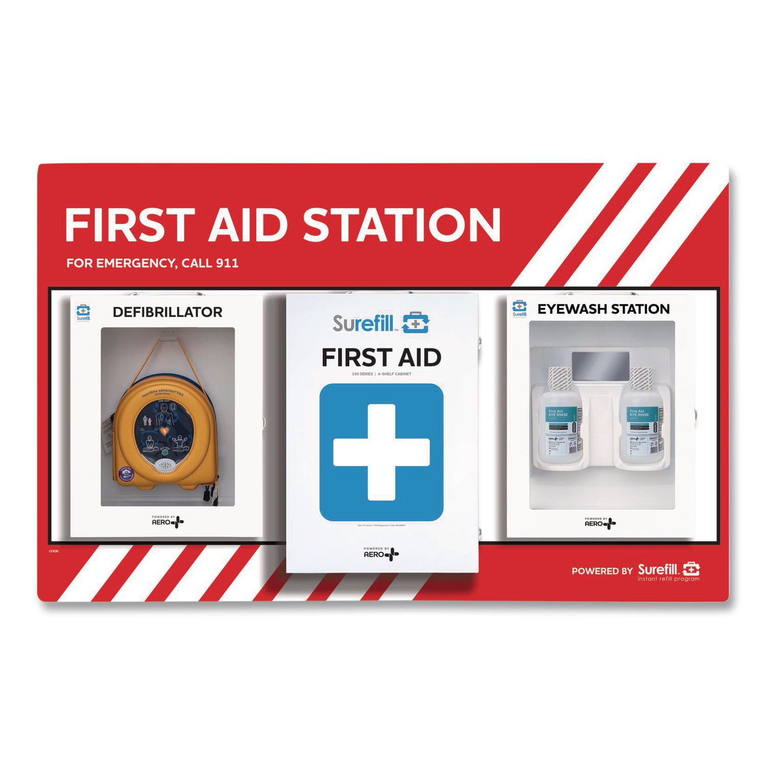 First Aid Station - First Aid, Eyewash, AED 350P, 4 Pieces, Metal Case