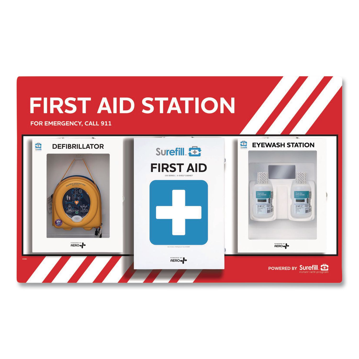 First Aid Station - First Aid, Eyewash, AED 360P, 4 Pieces, Metal Case