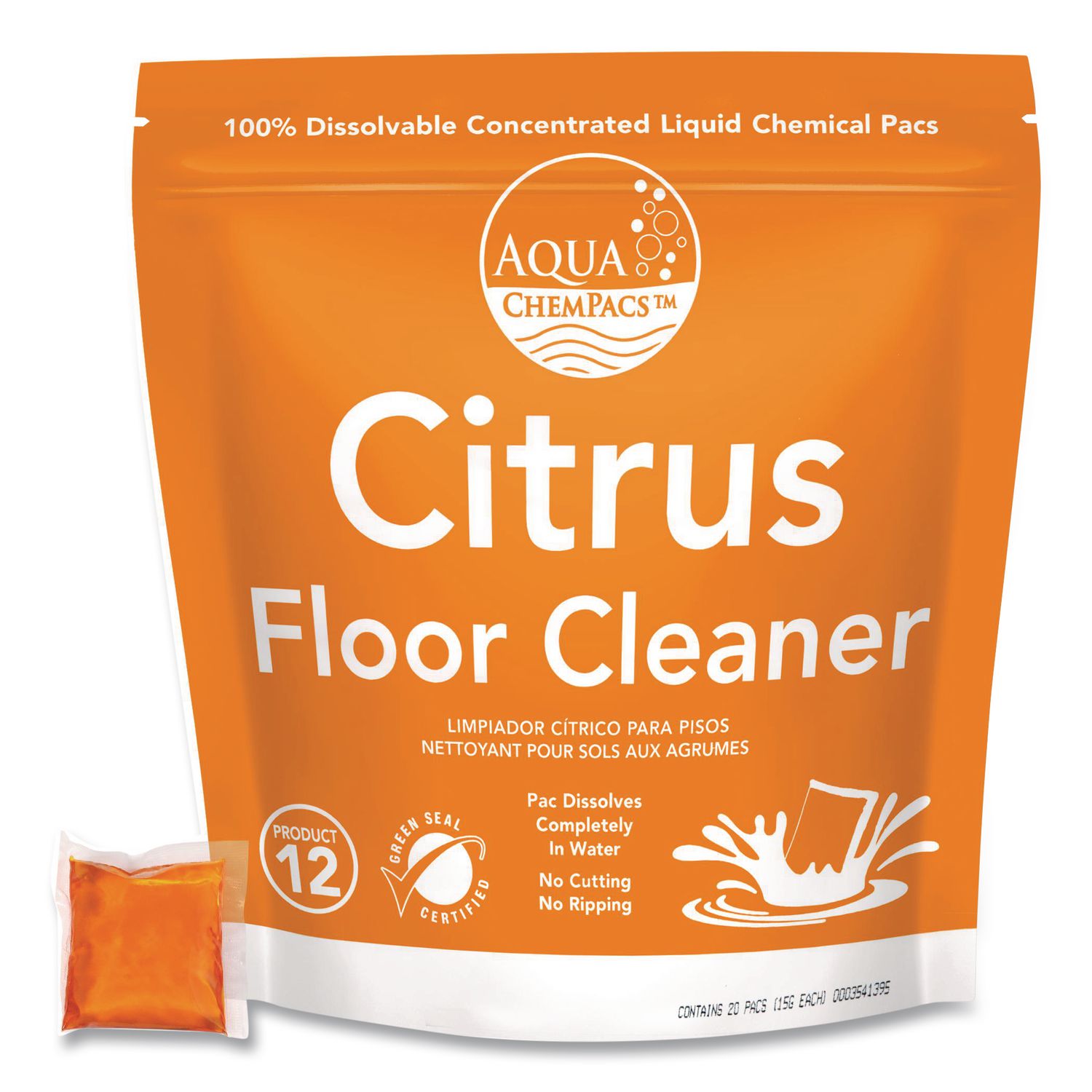 Aqua ChemPacs Citrus Floor Cleaner, Citrus Scent, 100 ChemPacs/Pack