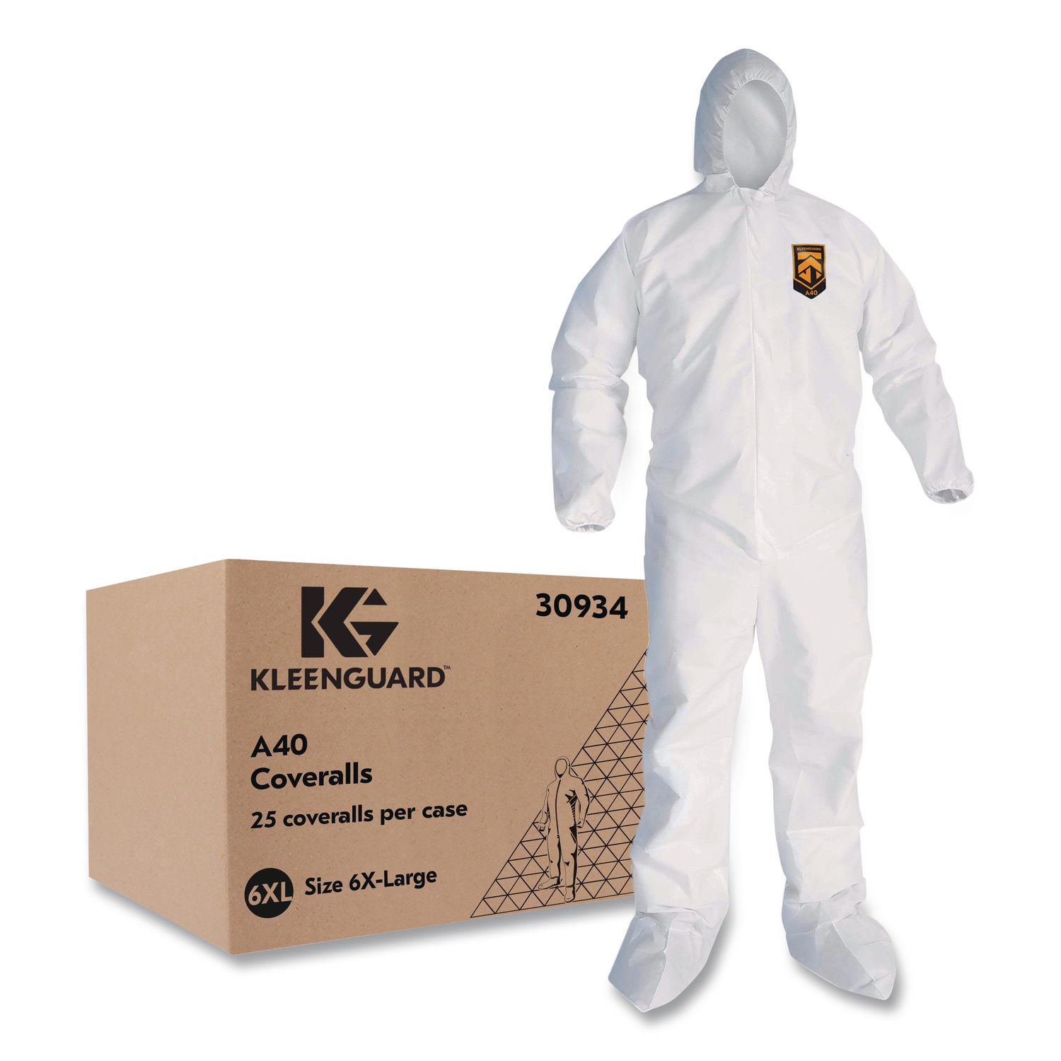 KleenGuard A40 Coveralls, Elastic Wrists, Ankles, Back, Hood and Non-Skid Boots, 6X-Large, White, 25/Carton
