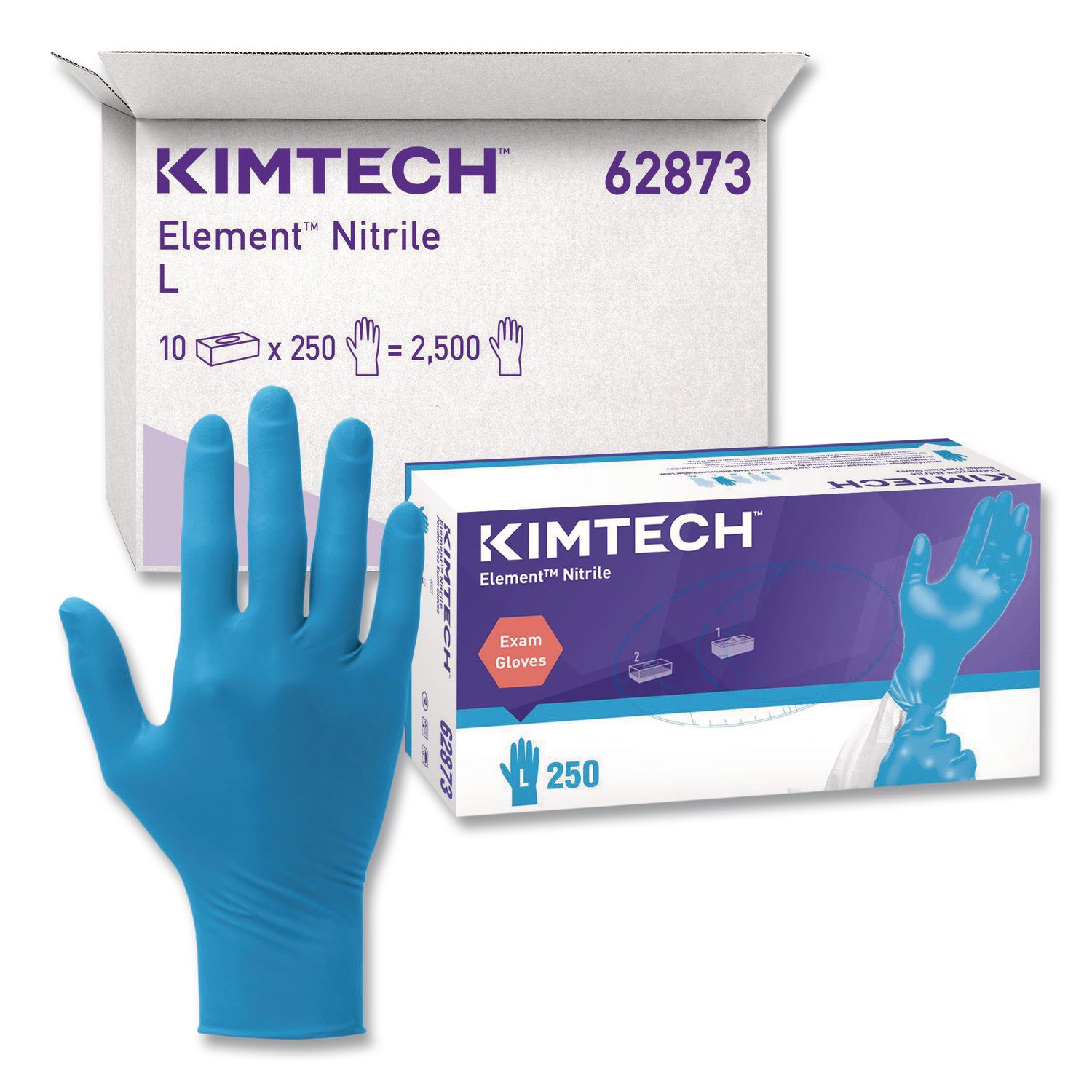 Element Nitrile Exam Gloves, AQL 1.0, Large, 3.2 mil Thick, 9.3" Long, Blue, 250/Box, 10 Boxes/Carton