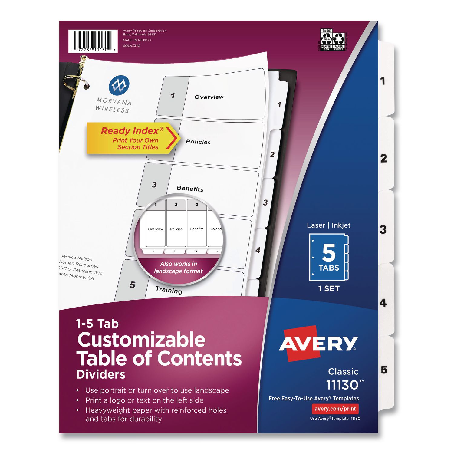 Customizable TOC Ready Index Black and White Dividers, 5-Tab, 1 to 5, 11 x 8.5, 1 Set