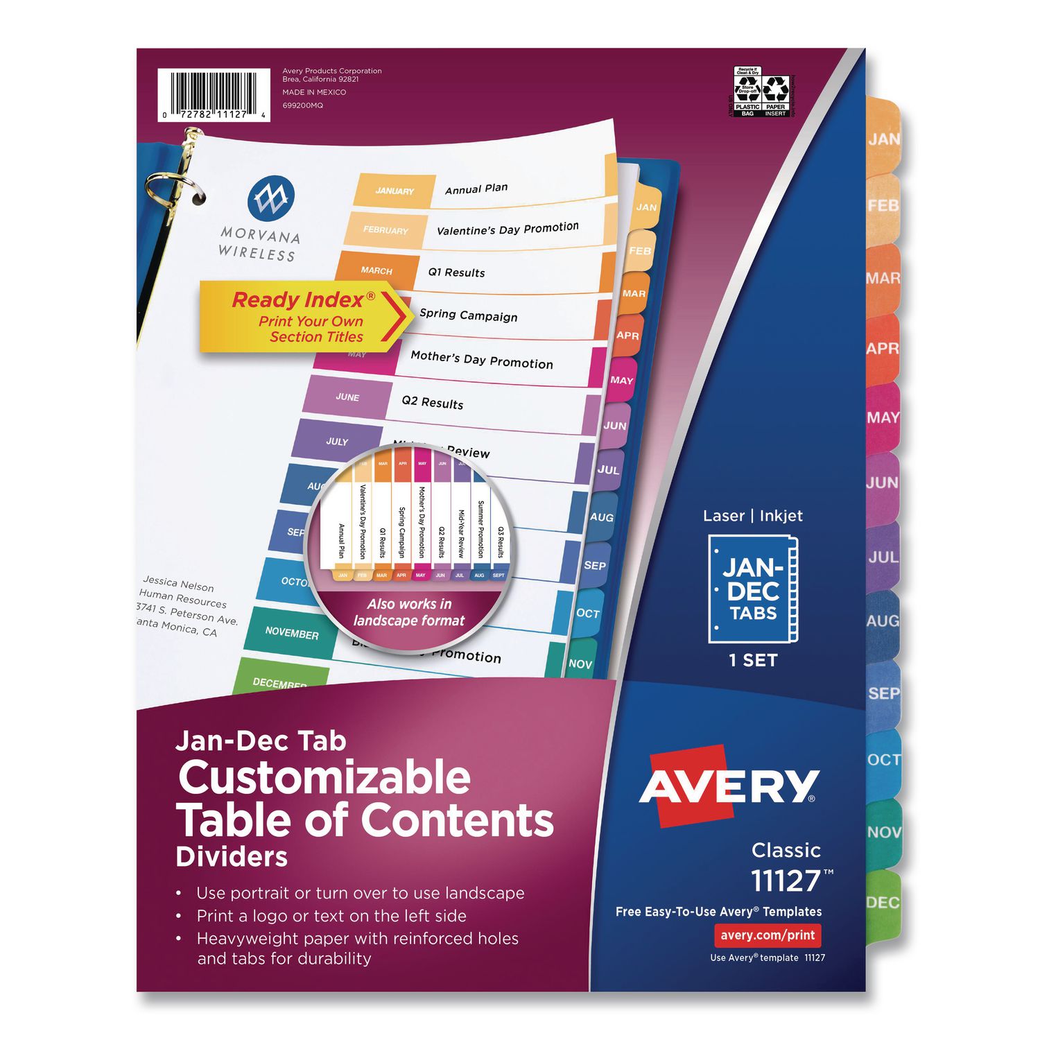 Customizable TOC Ready Index Multicolor Tab Dividers, 12-Tab, Jan. to Dec., 11 x 8.5, White, Traditional Color Tabs, 1 Set